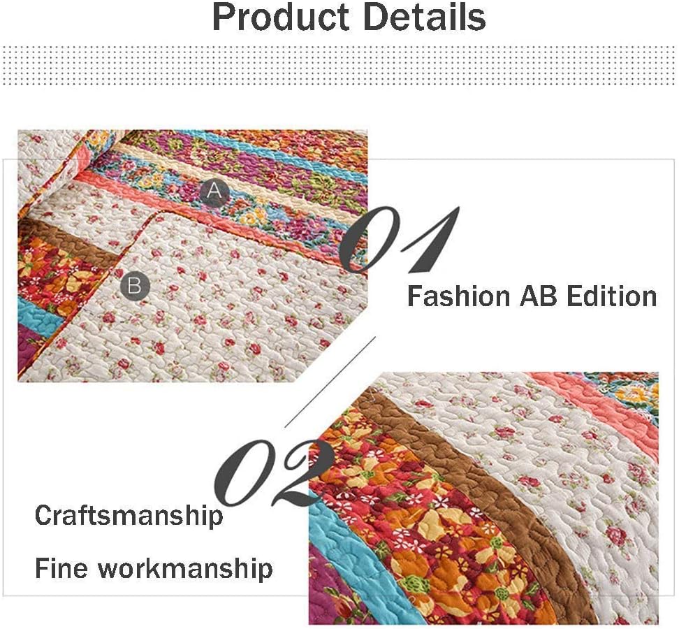 Quilted Embroidered Flower Bedspread Double Super King Size Reversible Patchwork 3 Pcs Sets All Season Washable Bedding Lightweight Microfiber Bed Cover Coverlet (A Full)