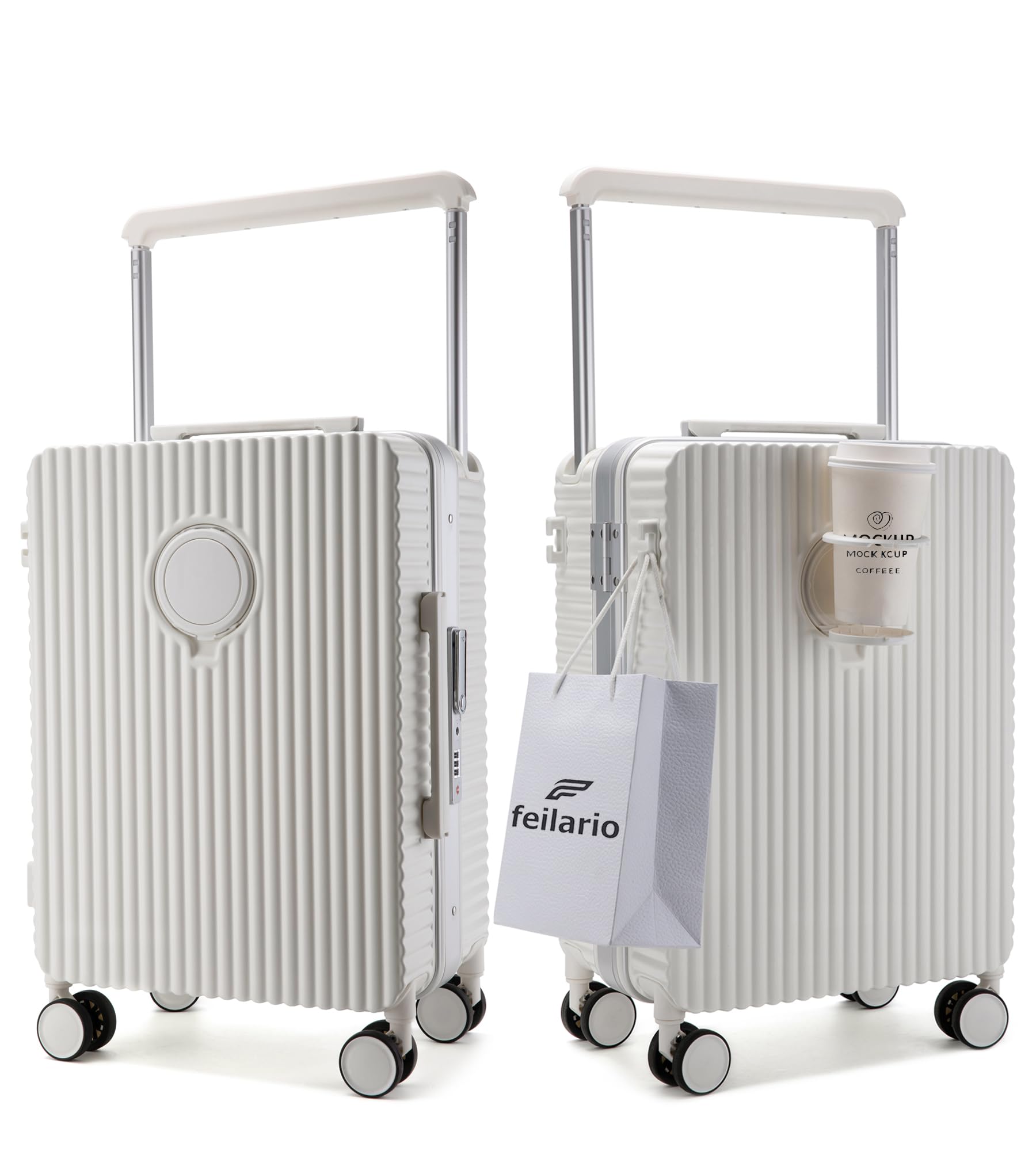 feilario 20" Aluminum Frame Hardside PC Carry on Luggage - Wide Handle Double Spinner Wheels Suitcase Built-In TSA lock & Cup Holder - White