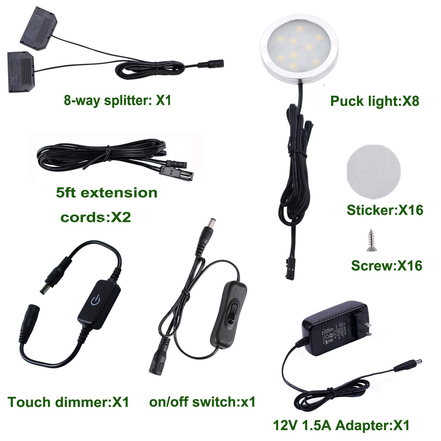 AIBOO LED Under Cabinet Puck Lights Kit with Touch Dimming Switch for Accent Display in Cabinet Lighting (8 Lights,Daylight White)