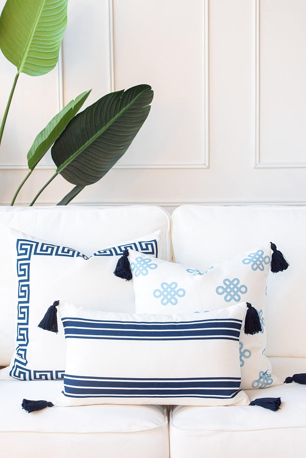 Hofdeco Coastal Patio Indoor Outdoor Lumbar Pillow Cover ONLY for Backyard, Couch, Sofa, Baby Blue Greek Key Knot Tassel, 18"x18"