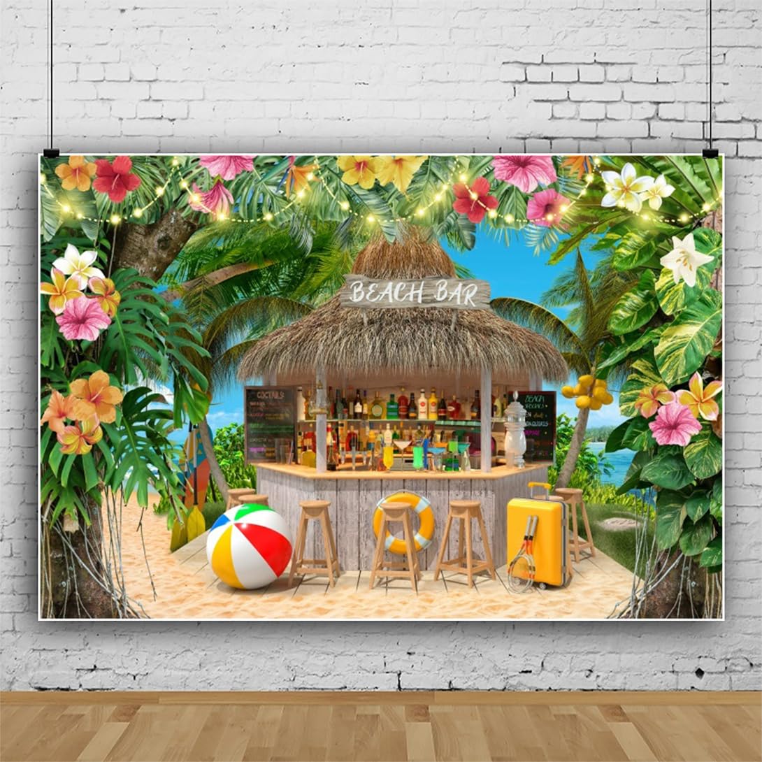 3x2,2m Toile de Fond de Bar de Plage d'été Palmiers tropicaux Floral Bleu Ciel Fond Photographique pour océan Plage Mariage Douche de bébé décoration de fête bannière photomaton
