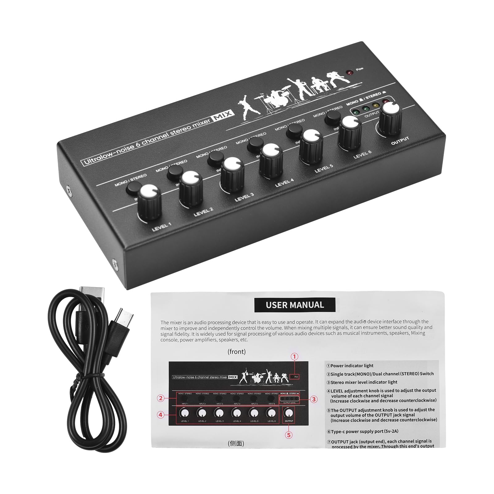 6 Channel Stereo Audio Mixer, Portable Metal Ultra Low Noise Metal Audio Mixer For Guitar Bass Keyboard Or Stage, with Signal Processing Technology, Mono Stereo Switch