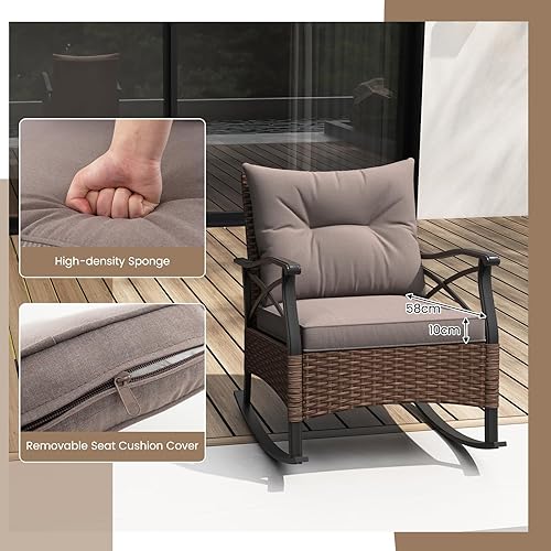 Miniatura 5 de Tangkula Juego de 3 sillas mecedoras para exteriores, sillas mecedoras acolchadas de ratán resistente con mesa de centro de vidrio templado de 2