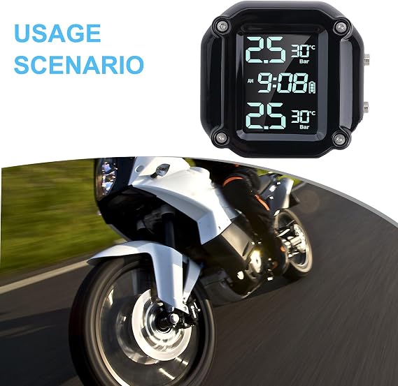 Wireless Motorcycle TPMS with 2 External Sensors, Tire Pressure Monitor System Real-Time Tire Pressure & Temperature Monitor, LCD Display Alarm System for Bikes