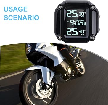 Wireless Motorcycle TPMS with 2 External Sensors, Tire Pressure Monitor System Real-Time Tire Pressure & Temperature Monitor, LCD Display Alarm System for Bikes