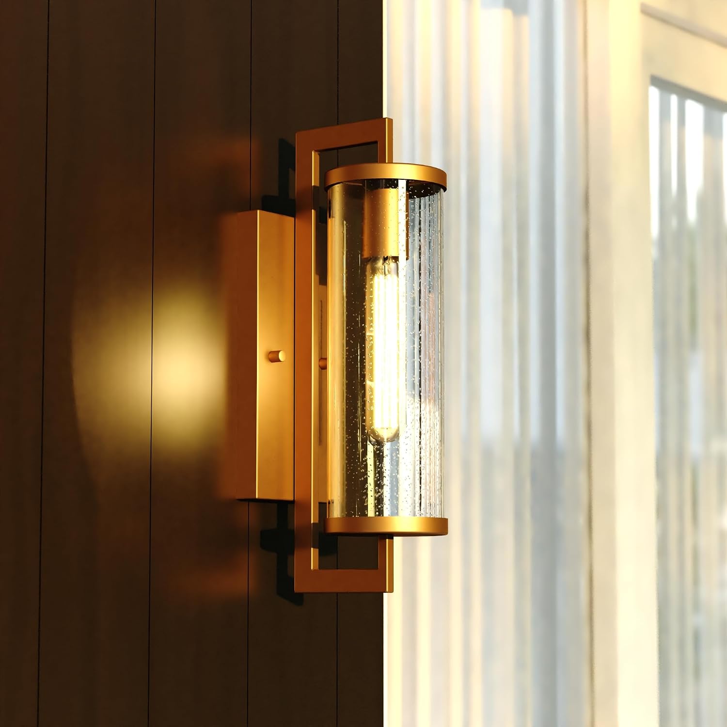 VAXCEL Morgan Park 16 in. H 1-Light Warm Brass Dusk to Dawn Sensor Gold Outdoor Wall Sconce, Durable Steel, Clear Seeded Glass Shade, LED Compatible for Exterior Porch Patio Front Door or Garage