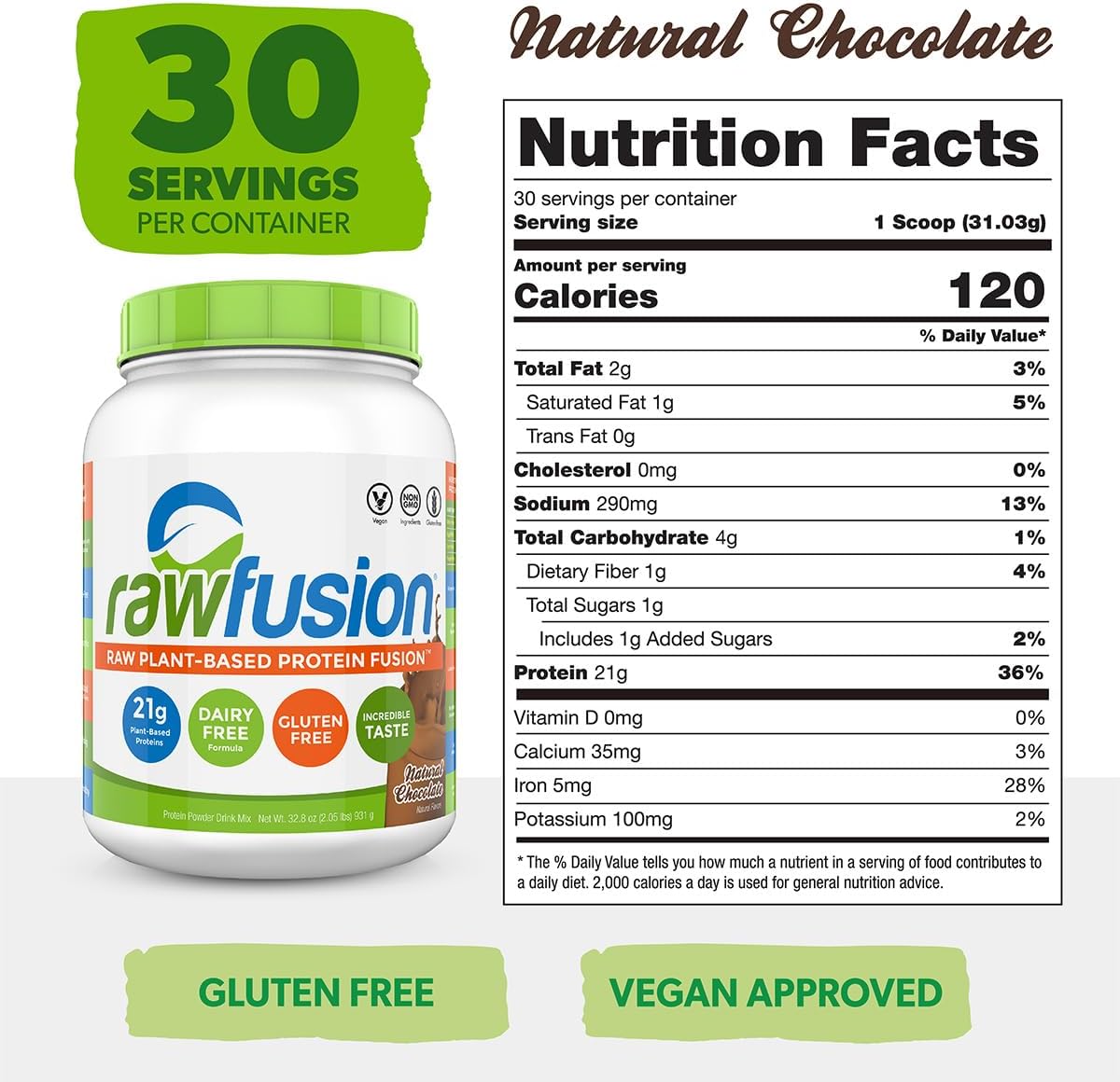 Rawfusion- Vegan Protein Powder, Natural Chocolate - 30 Servings, 21g of Plant Based Protein, Low Net Carbs, Non-Dairy, Gluten/Lactose Free, Soy Free, Kosher, Non-GMO, 2lbs Pound