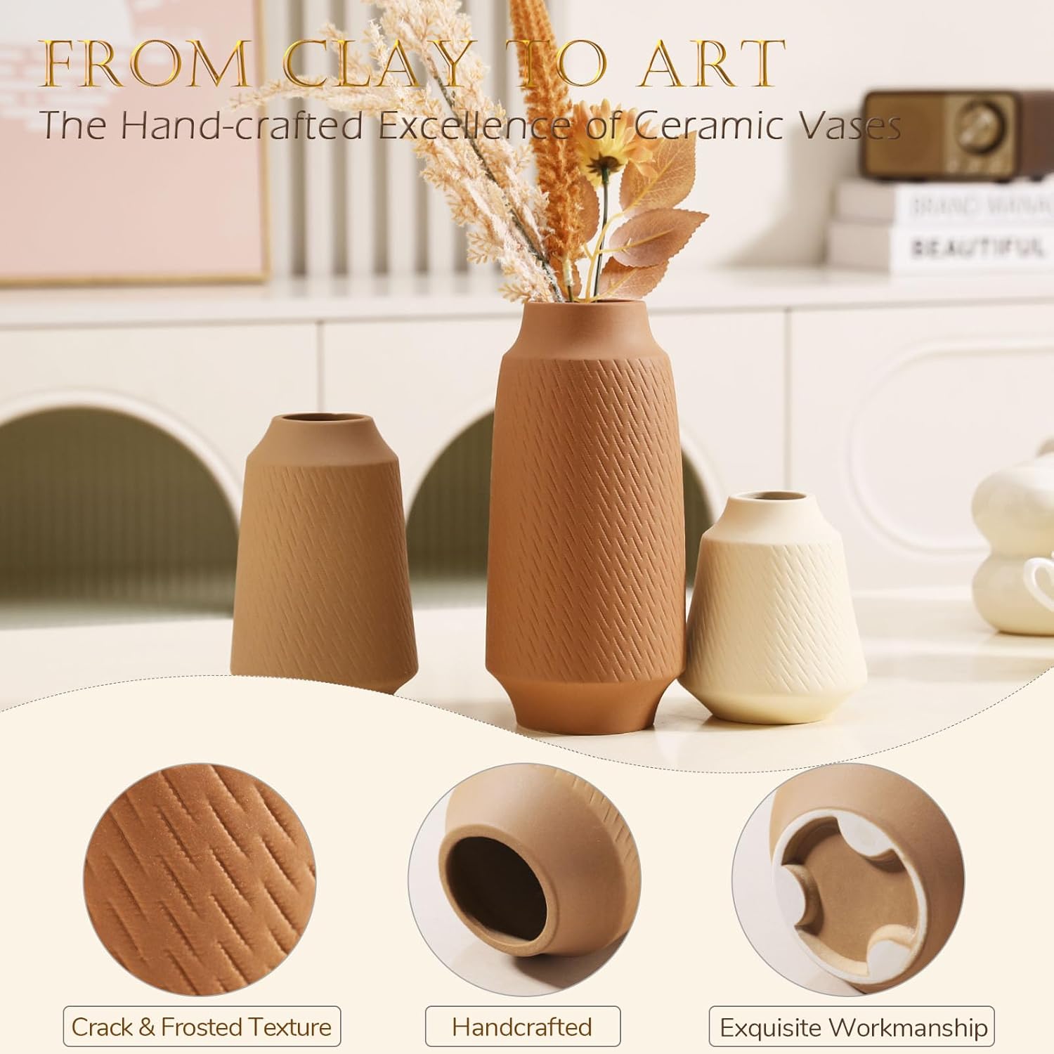 Joeabor Ceramic Vase Set of 3 - Handcrafted Ceramic Vases for Home Decor & Shelf - Modern Farmhouse Decor for Kitchen, Office, Bedroom & Living Room Decorative Objects for Mantel, Table Centerpieces