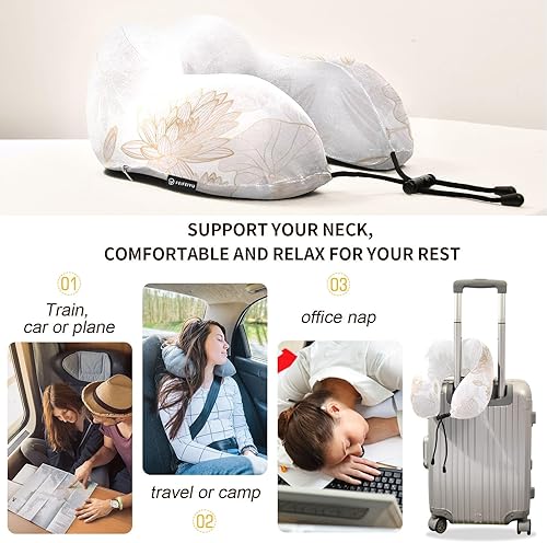 Miniatura 4 de Joisal Lujosas almohadas de cuello compactas de flor de loto dorado, almohada de espuma de memoria de viaje en forma de U, almohada de descanso para