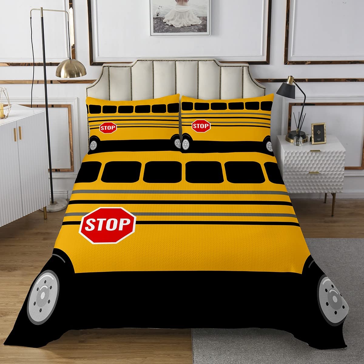 Juego de funda para autobús escolar, caricatura, para niños, niñas, coche, escolar, estilo infantil, lindo, acolchado, habitación de vehículo, 3 piezas, tamaño King
