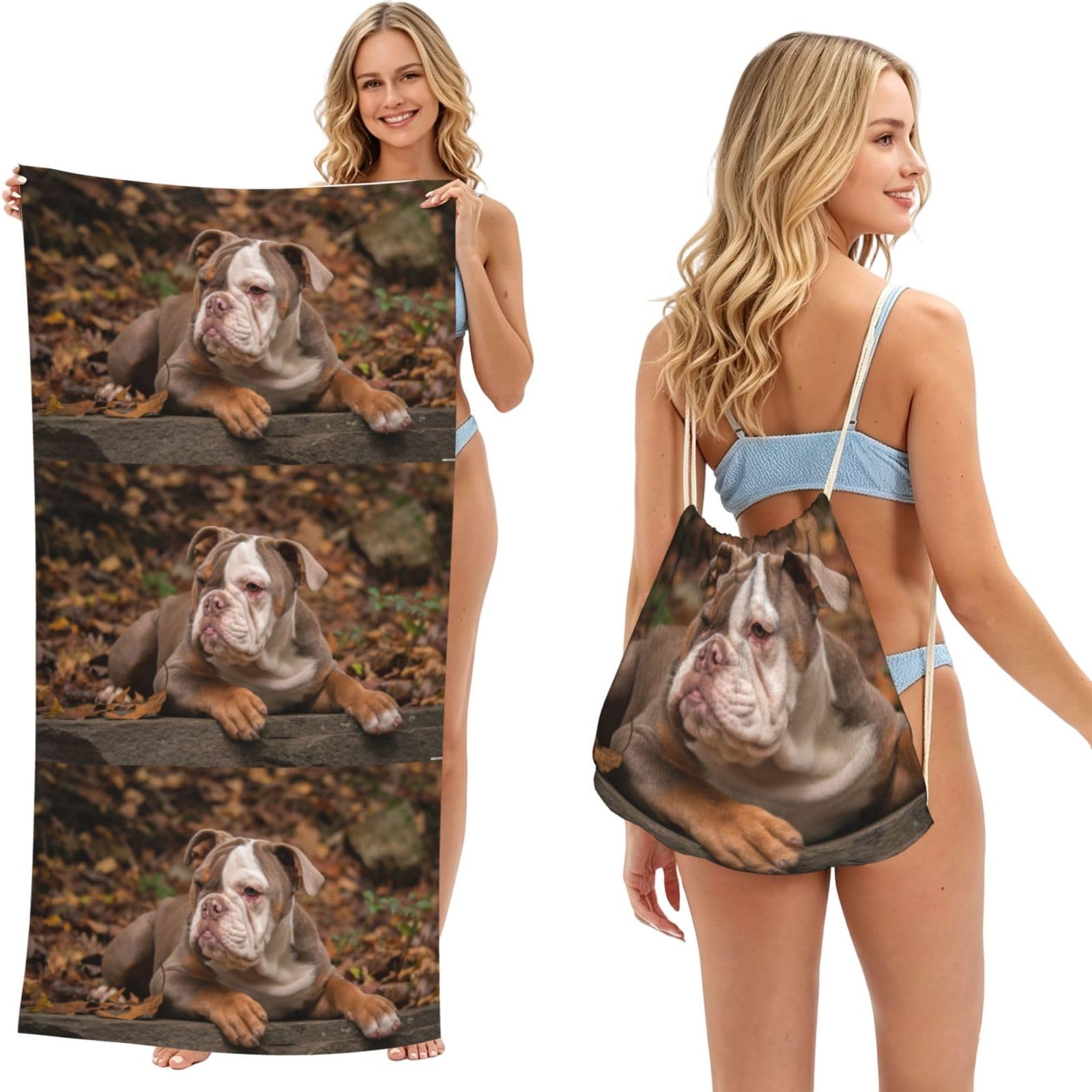 Poadnly As Picture American Bulldog Puppy, 2 In 1 Packable Towel Bag, Beach Towels With Drawstring Backpack For Travel Holiday Camping
