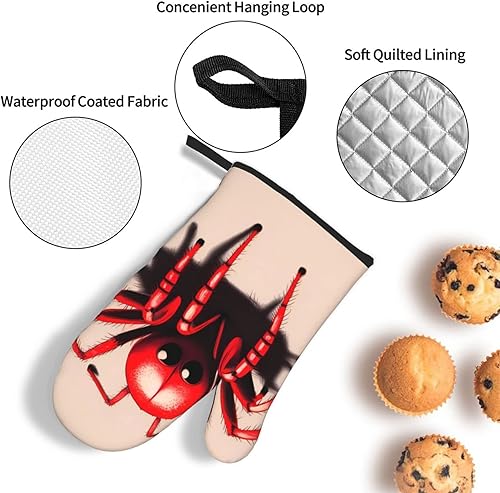 Miniatura 5 de Juego de manoplas de horno y soporte para ollas con diseño de araña roja, material antiquemaduras, grueso y duradero, antiquemaduras y aislado.
