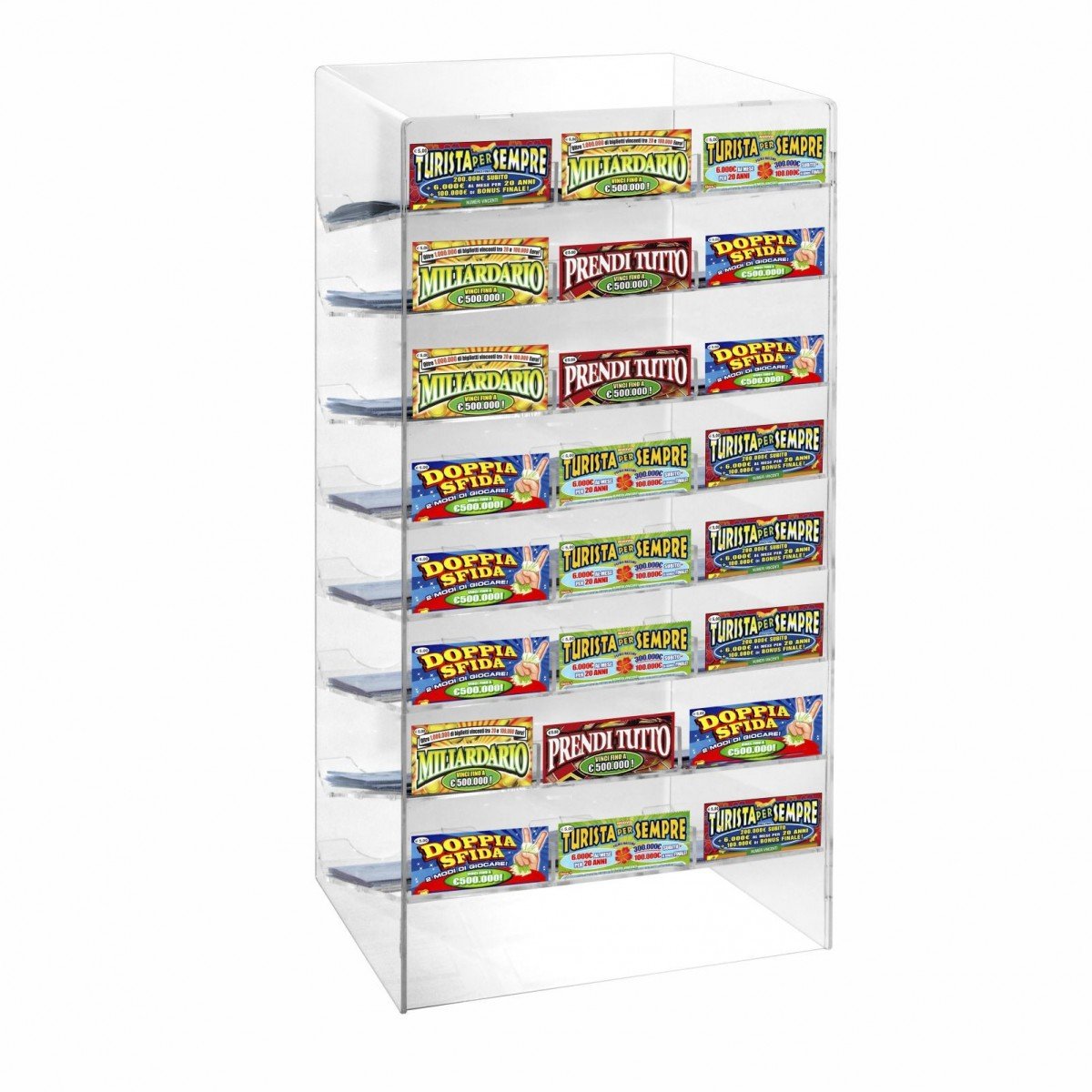 Espositore gratta e vinci da banco in plexiglass trasparente a 24 scomparti Misure: 33 x 29 x H55 cm