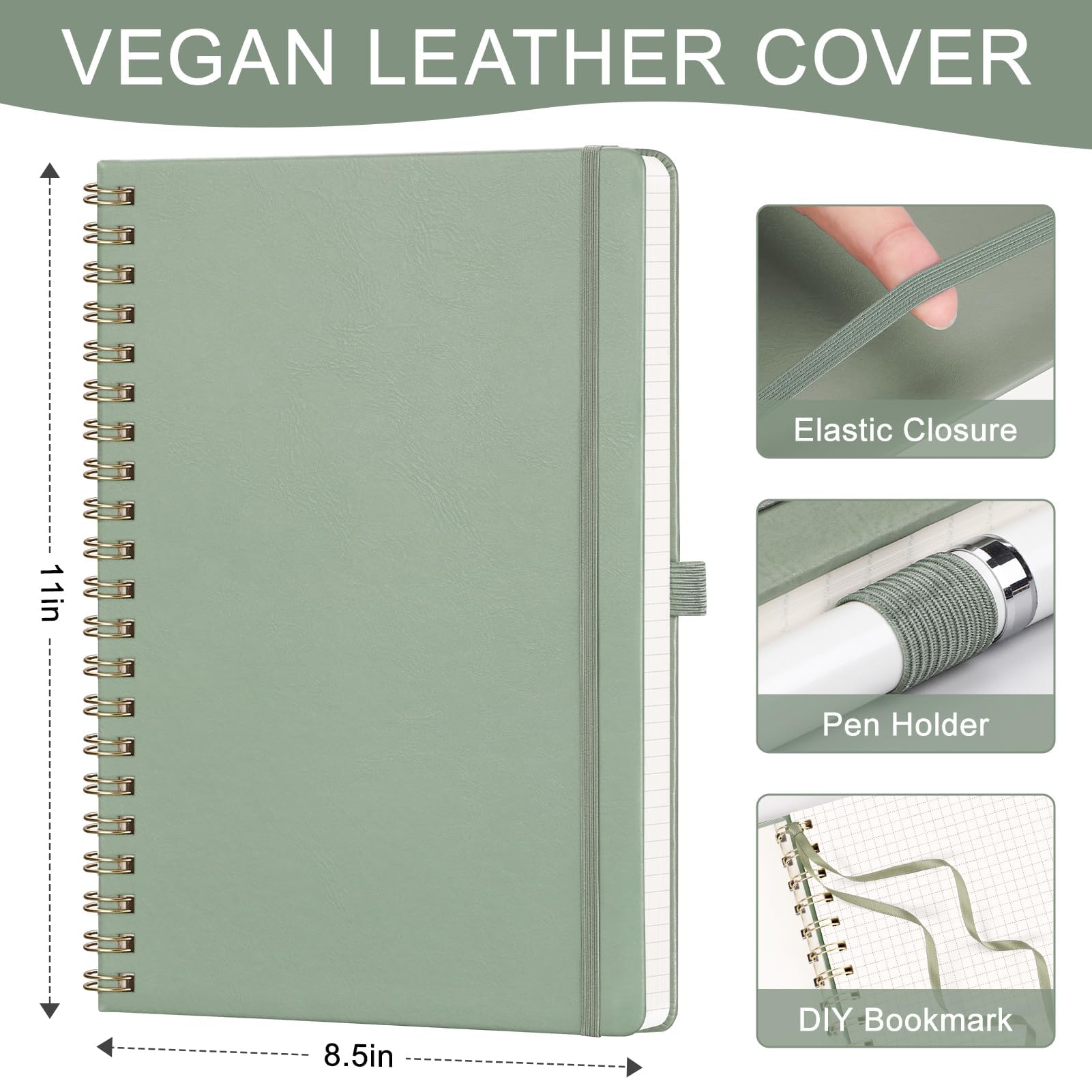 AHGXG Cuaderno de papel cuadriculado, cuaderno en espiral de 8.5 x 11 pulgadas, cuaderno de cuadrícula grande de cuero de tapa dura A4, papel gráfico grueso de 100 g/m², diarios para escritura