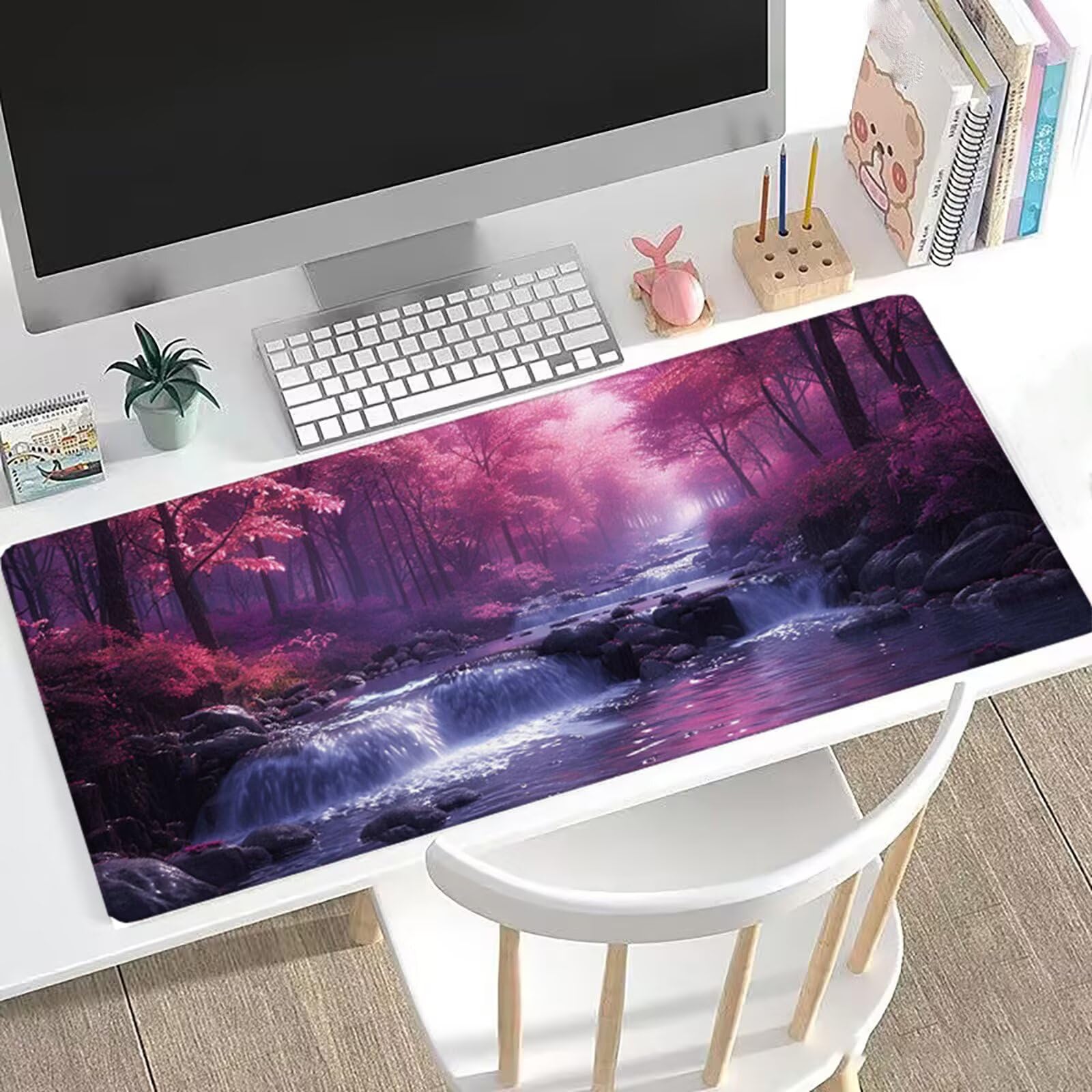 Podkładka pod mysz XXL 1200 x 600 x 3 mm fioletowa duża podkładka pod mysz do gier rzeka, mata na biurko ze zszytymi krawędziami, wytrzymała antypoślizgowa mata komputerowa, podkładka pod mysz do