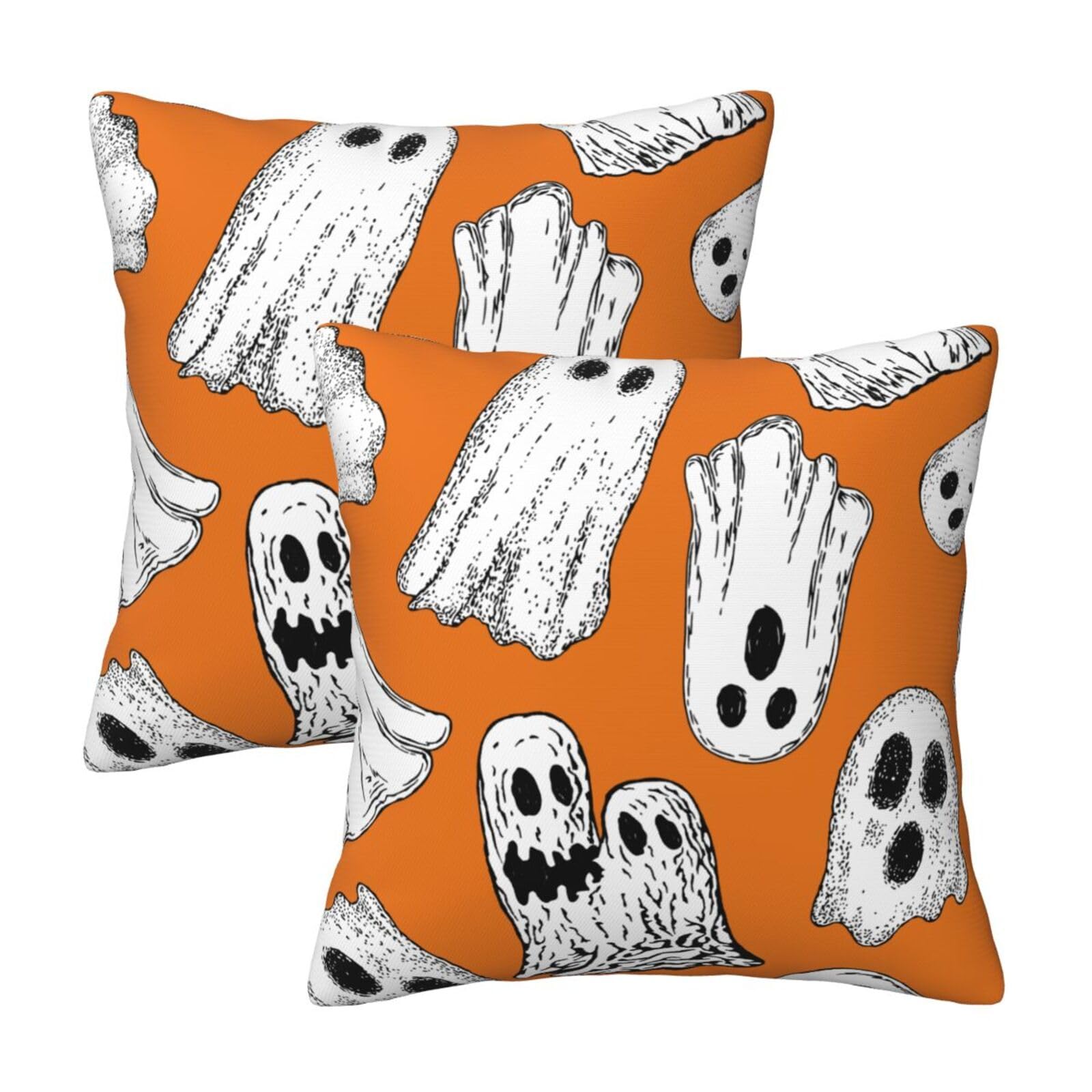 HOSTECCO Halloween Themed Cushion Covers 50x50 cm Pack of 2 Ghosts Orange Cushion Cases Rustic Velvet Decorative Pillow Covers for Sofa Couch Living Room