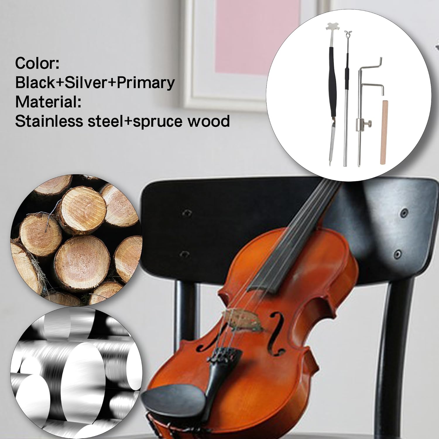 BQLZR Violin Wood Sound Post w/Setter Tool & Gauge & Retriever Clip Silver Pack of 4