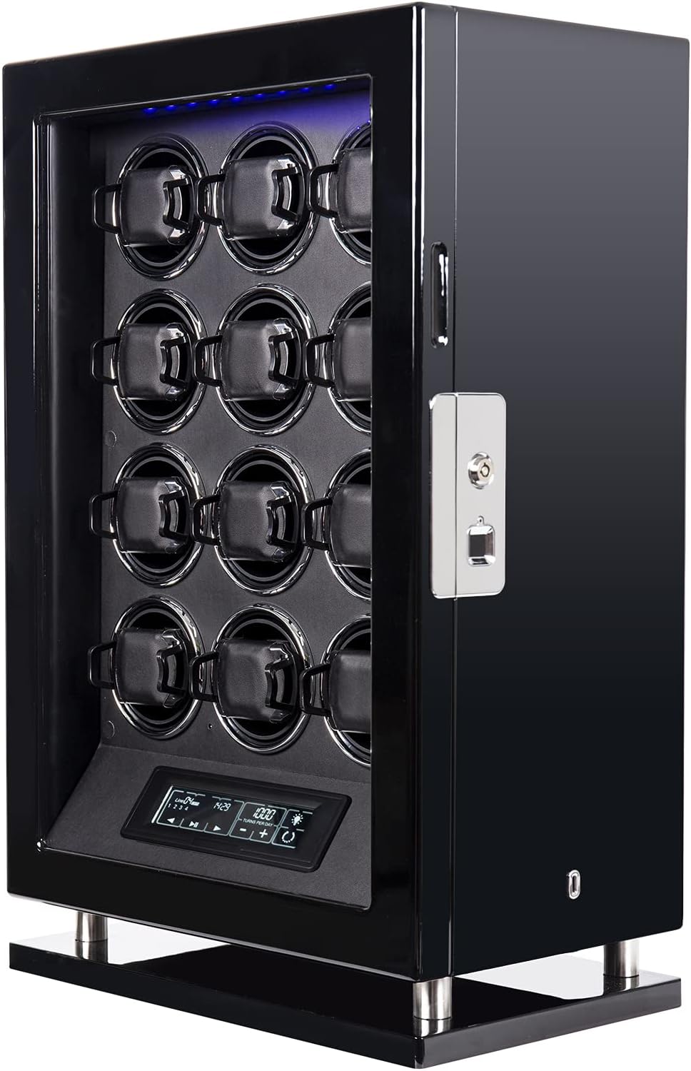 Watch Winder, DUKWIN Upgraded Fingerprint & Key Unlock Automatic Watch Box with 12 Telescopic Watch Pillows，LCD Remote Control, Blue Led Light, Open and Shut Down Featured and Quiet JapMotor (UK Plug)