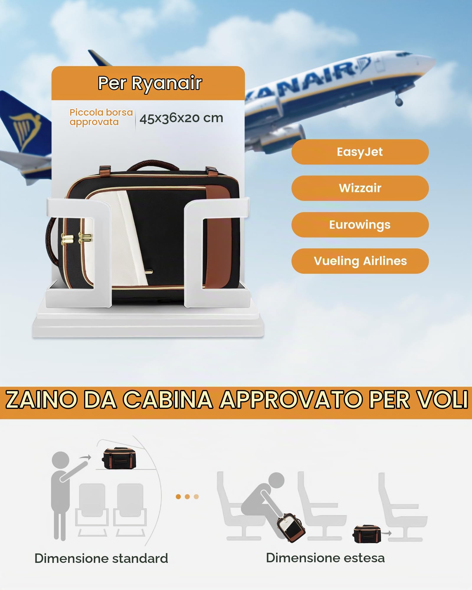 LOVEVOOK Zaino Ryanair 45x36x20, Zaino Da Viaggio Donna Bagaglio a Mano, Compatto e Leggero, Impermeabile alle Spruzzate, Con Tasca Antifurto, Perfetto per Viaggi, Lavoro e Uso Quotidiano