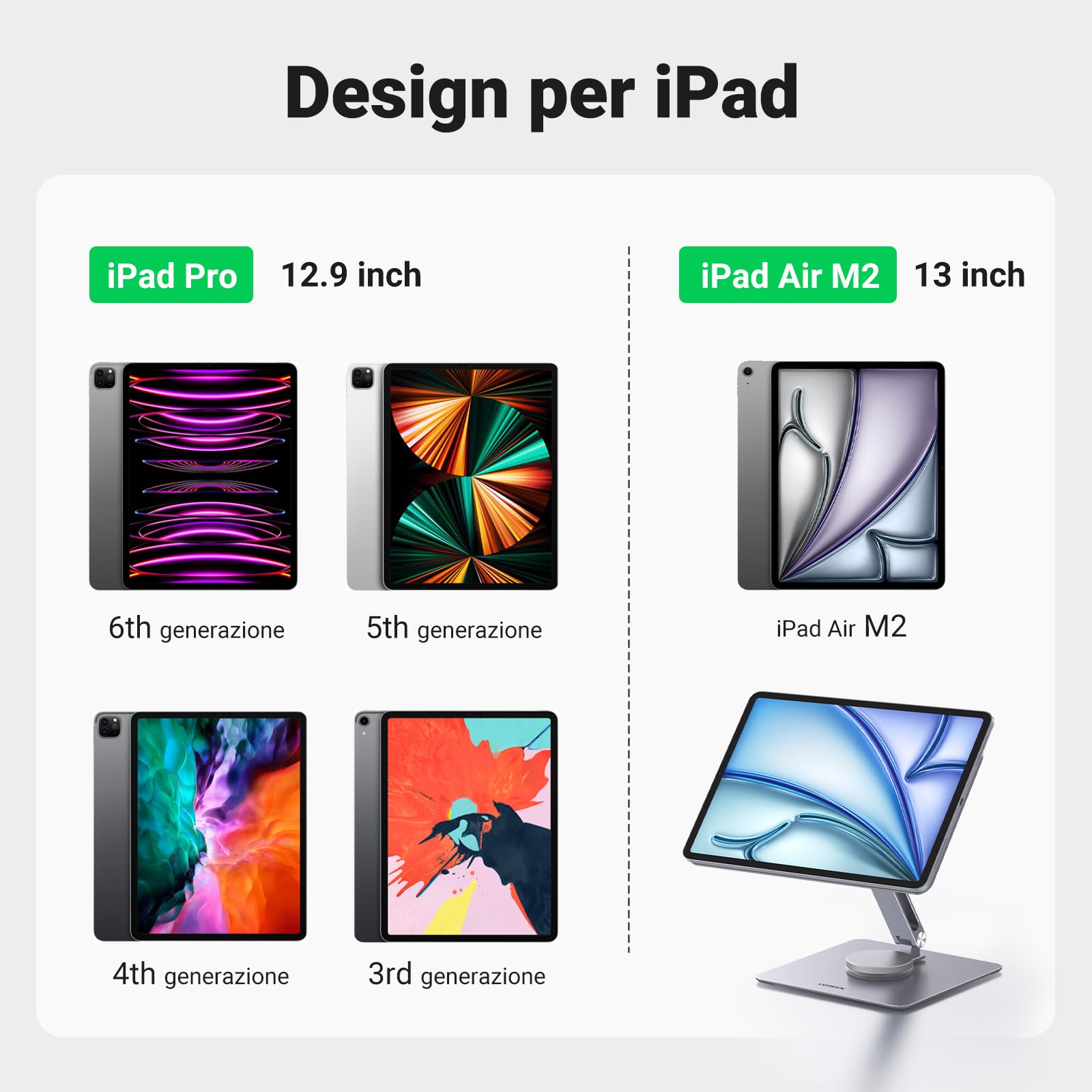 UGREEN Supporto magnetico da scrivania per iPad Pro 12.9 girevole a 360 ° pieghevole regolabile in altezza Supporto da viaggio portatile in alluminio compatibile con iPad Pro 12,9 pollici