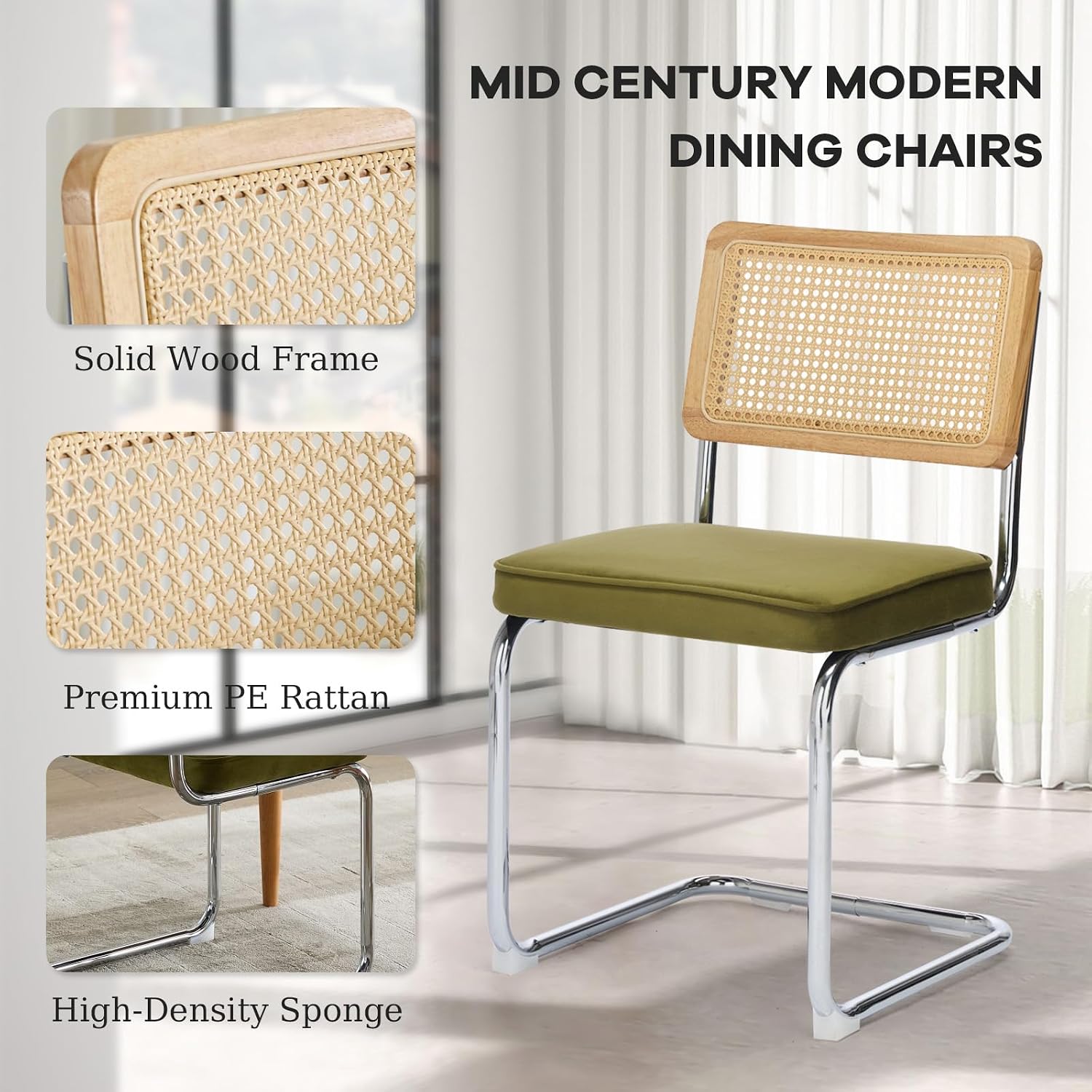SoarFlash Velvet Dining Chair Set of 4 Modern Upholstered Kitchen Chair with Natural Cane Back, Stainless Chrome Base for Dining Room, Club(Green)