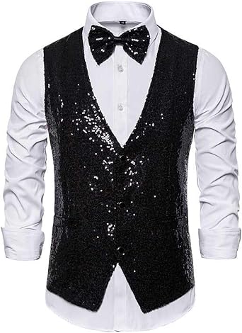 Mens Shiny Sequins Vests Silver Glitter Waistcoat Party Vest Bowtie Wedding Nightclub Stage Gilet Suit Vest
