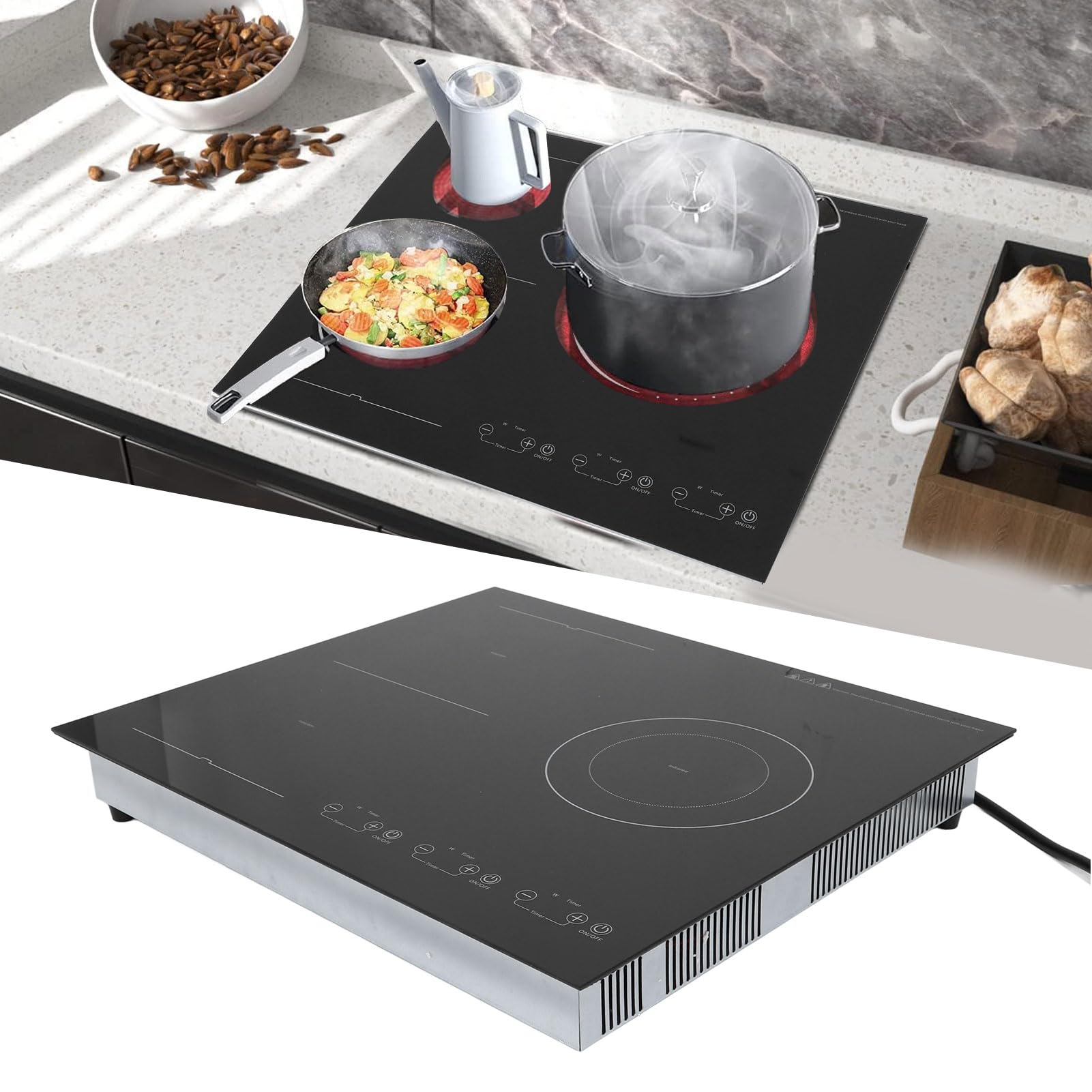 Piano Cottura Elettrico con 3 Fuochi, Touch Control, Controllo Preciso della Temperatura per Pentola in e Acciaio Inossidabile, Piano Cottura a Induzione Incorporato da