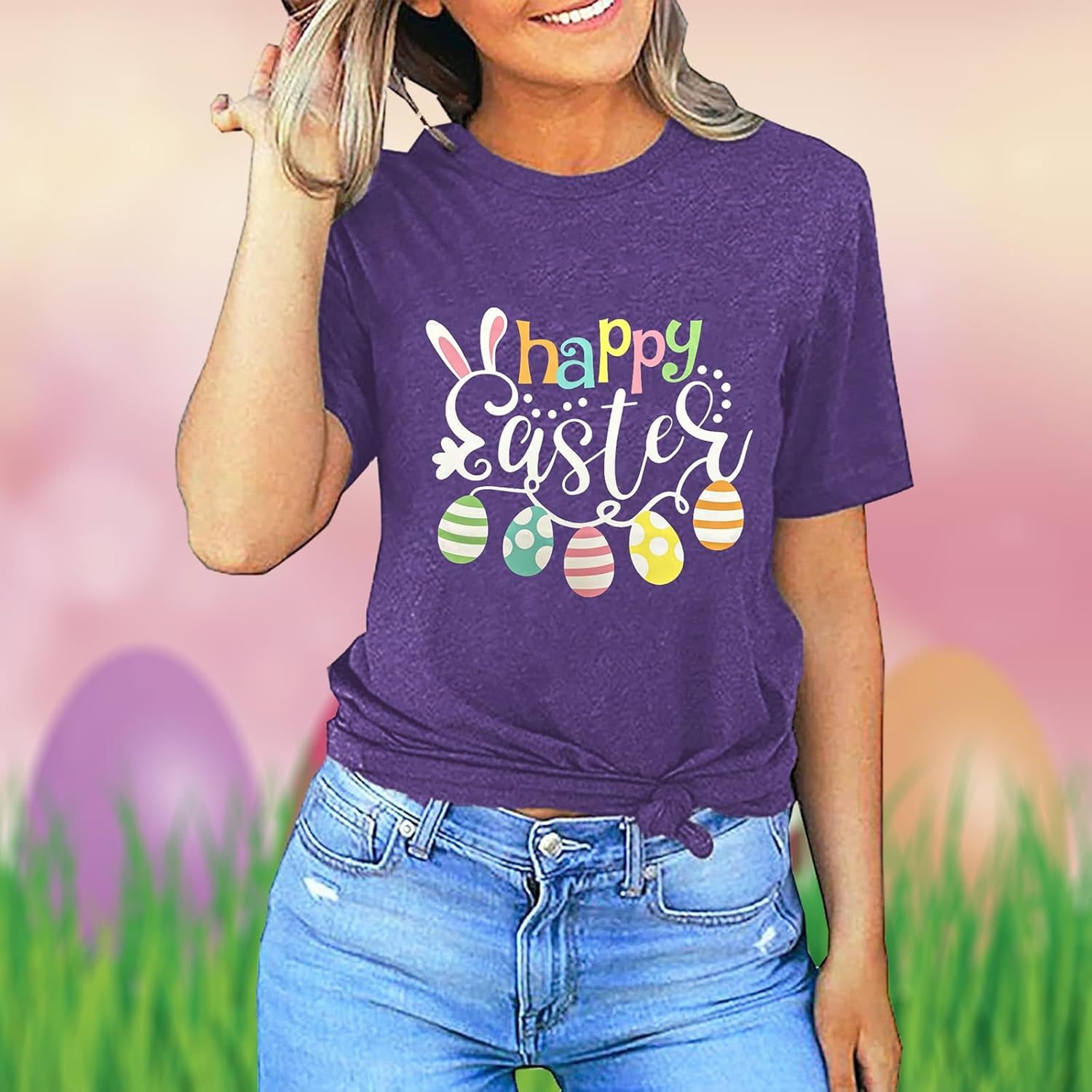 Women Happy Easter Shirts Funny Bunny T-Shirt Rabbit Graphic Tee Tops - Image 6