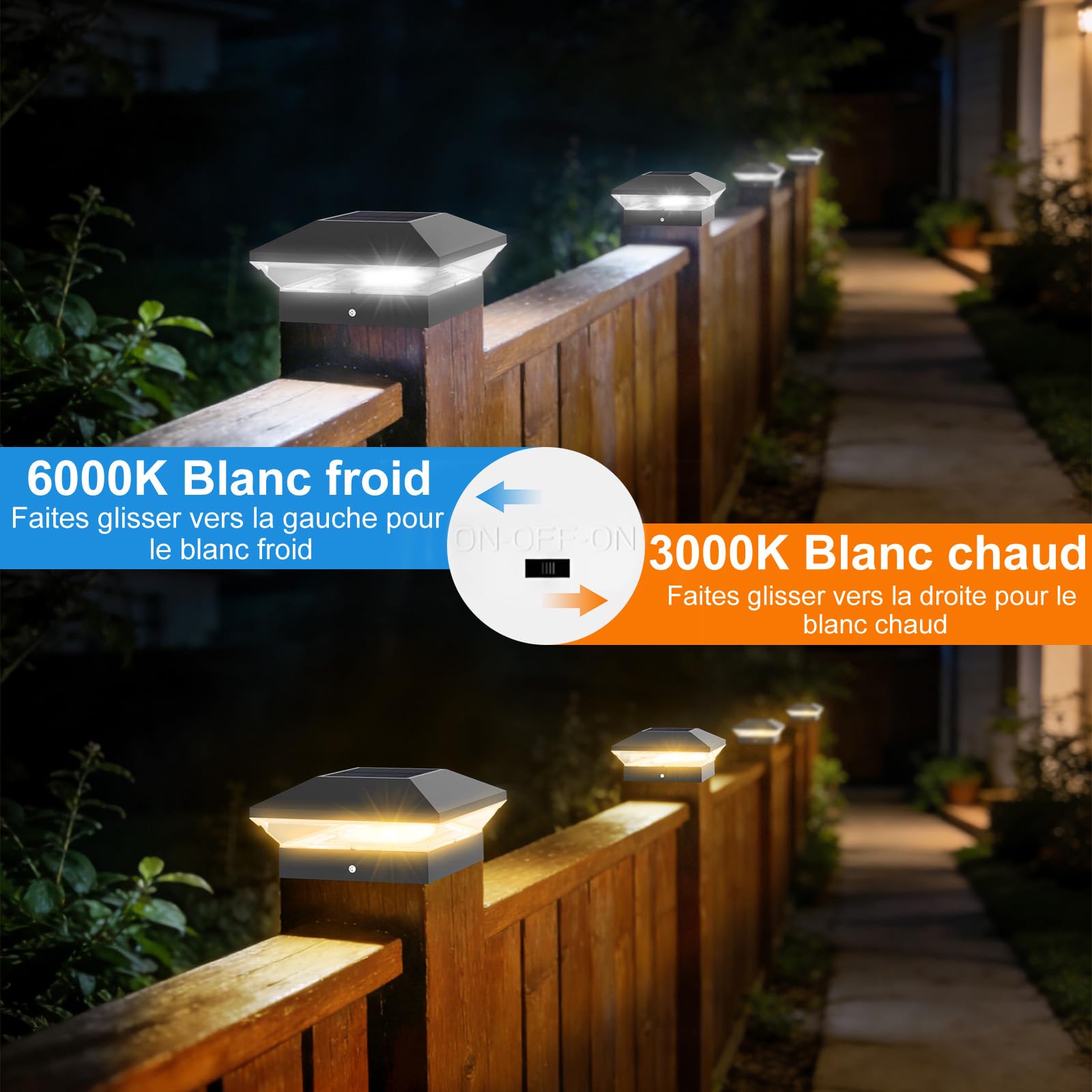 NATPOW Farola Solar de Poste 9x9cm,10x10cm,12x12cm, 4 Piezas 3000K/6000K Luces Solares para Poste, Luz Solar para Postes Exterior IP65 Resistente para Valla, Puerta, Camino de Entrada, Jardin, Negro