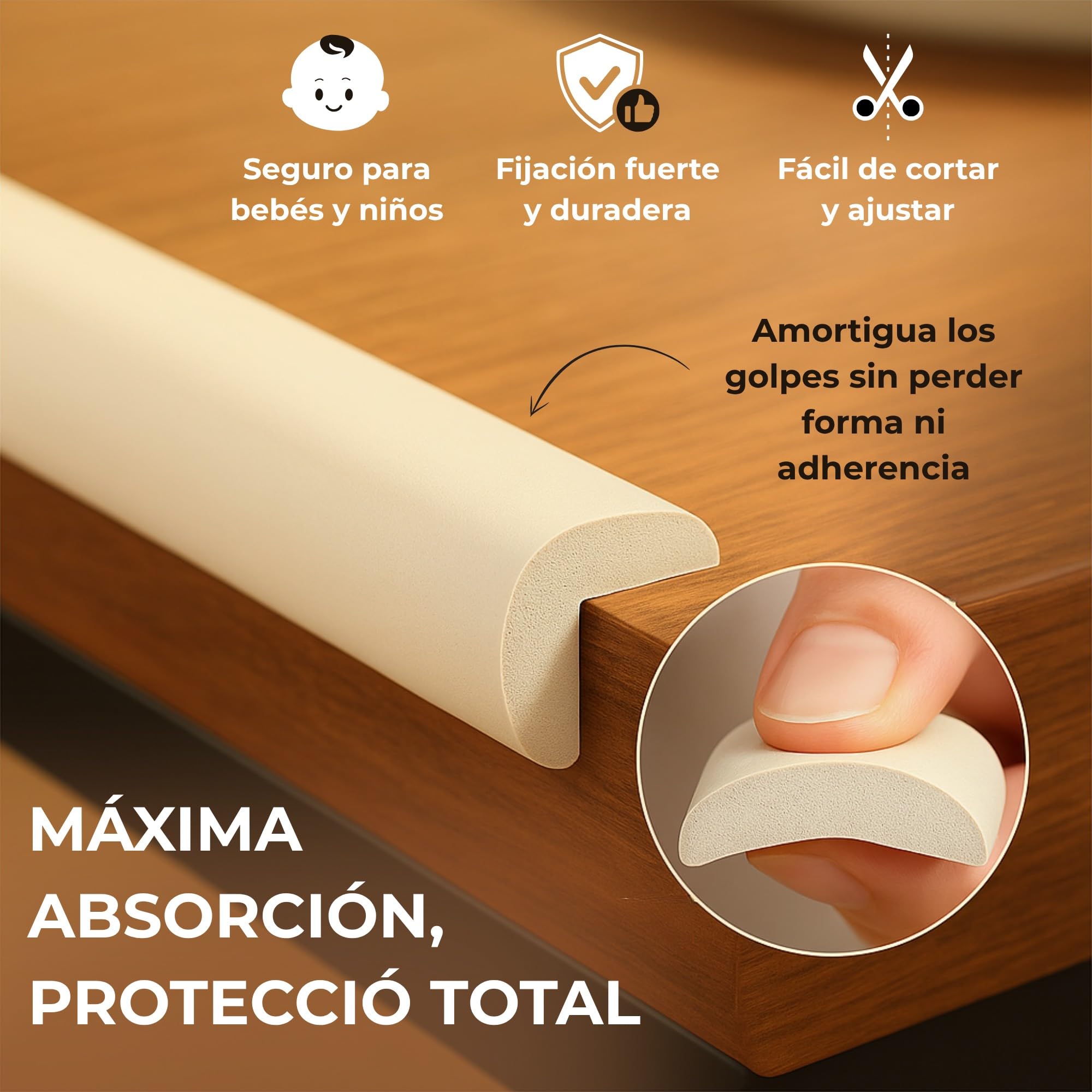 Protector Esquinas y Bordes Bebé - 6 Metros de Cinta y 8 Cantoneras - Esquineras Protectoras de Muebles - Cantoneras Adhesivas de Espuma para Mesa, Pared - Protección Esquinas para Niños