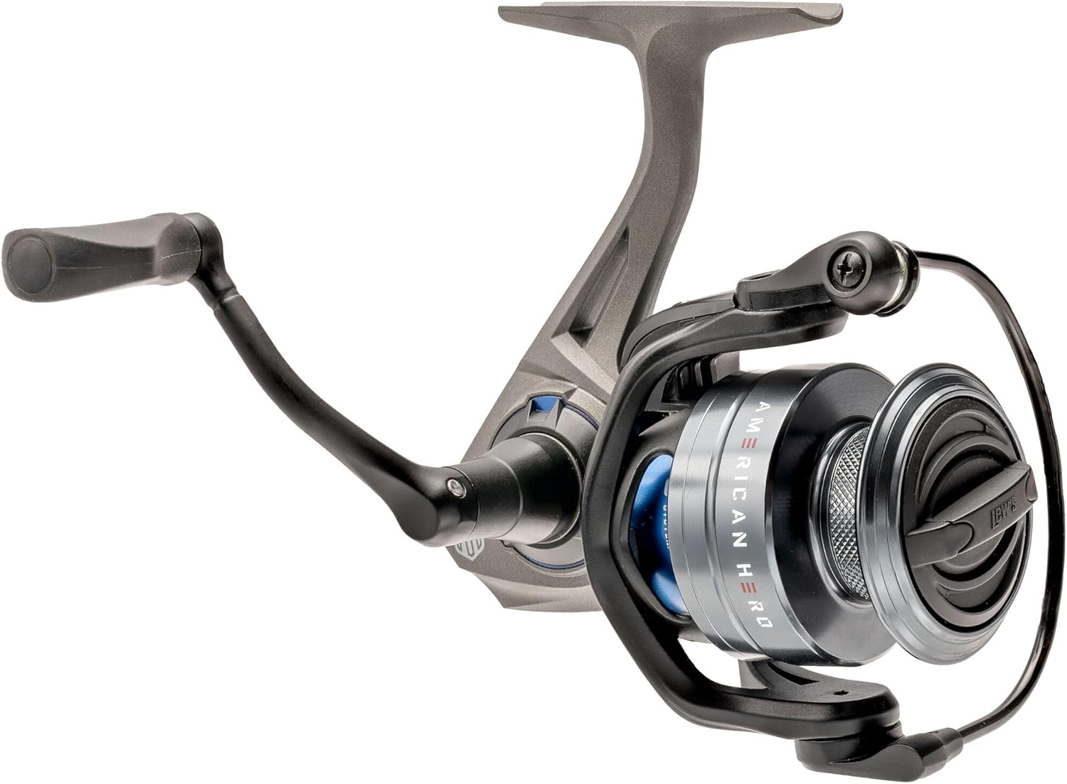 Lew’s American Hero Spinning Fishing Reel, 4+1 Bearings, Graphite Frame, Speed Gears, Speed Lube, Multi-Disc Drag, Gray/Black/Blue