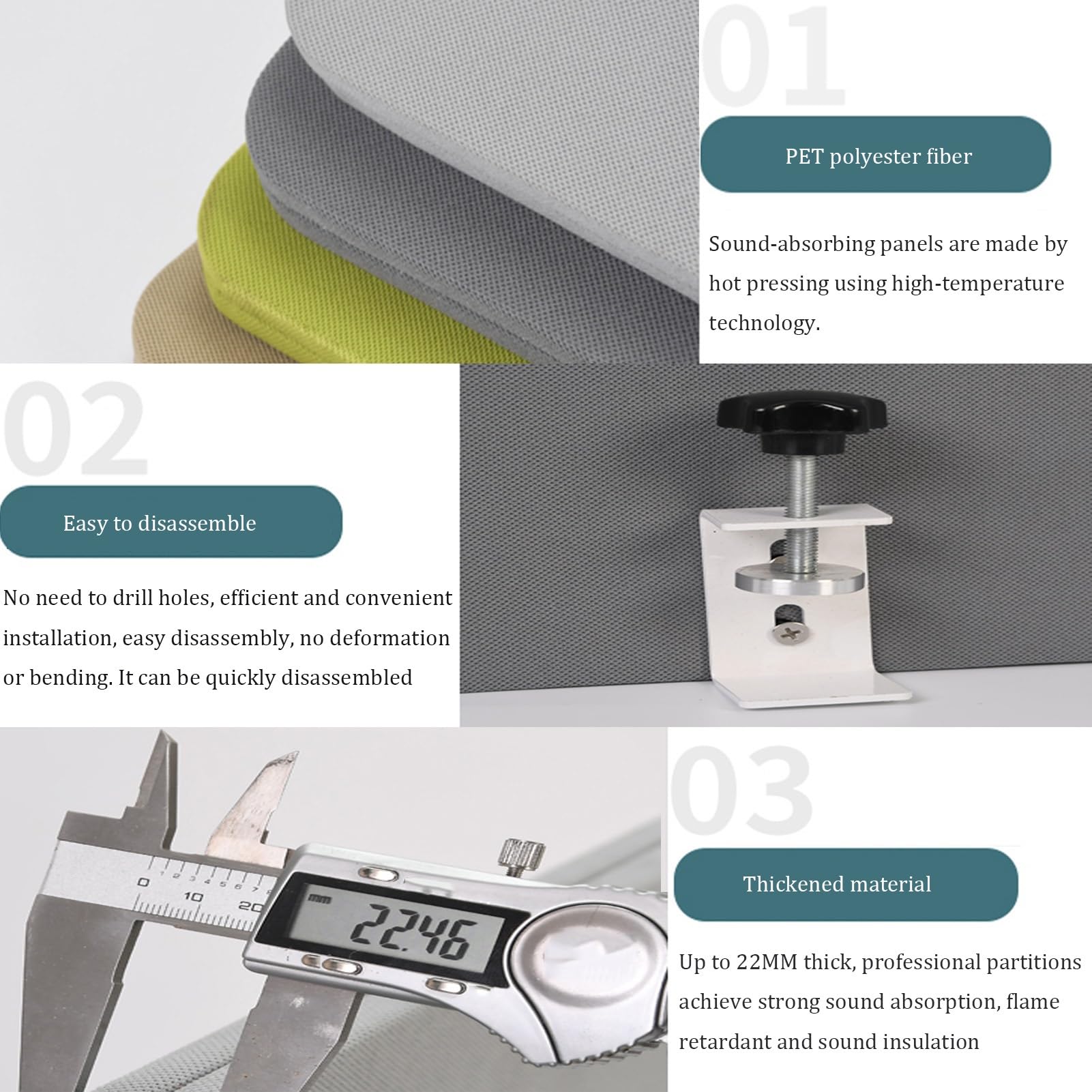 Pannelli acustici sotto la scrivania per cubicoli da Ufficio - Schiuma fonoassorbente, Grigio Chiaro, 39,37x15,75 Pollici, Set da 3 - Ideali per postazioni di Lavoro, Reception e tavoli per