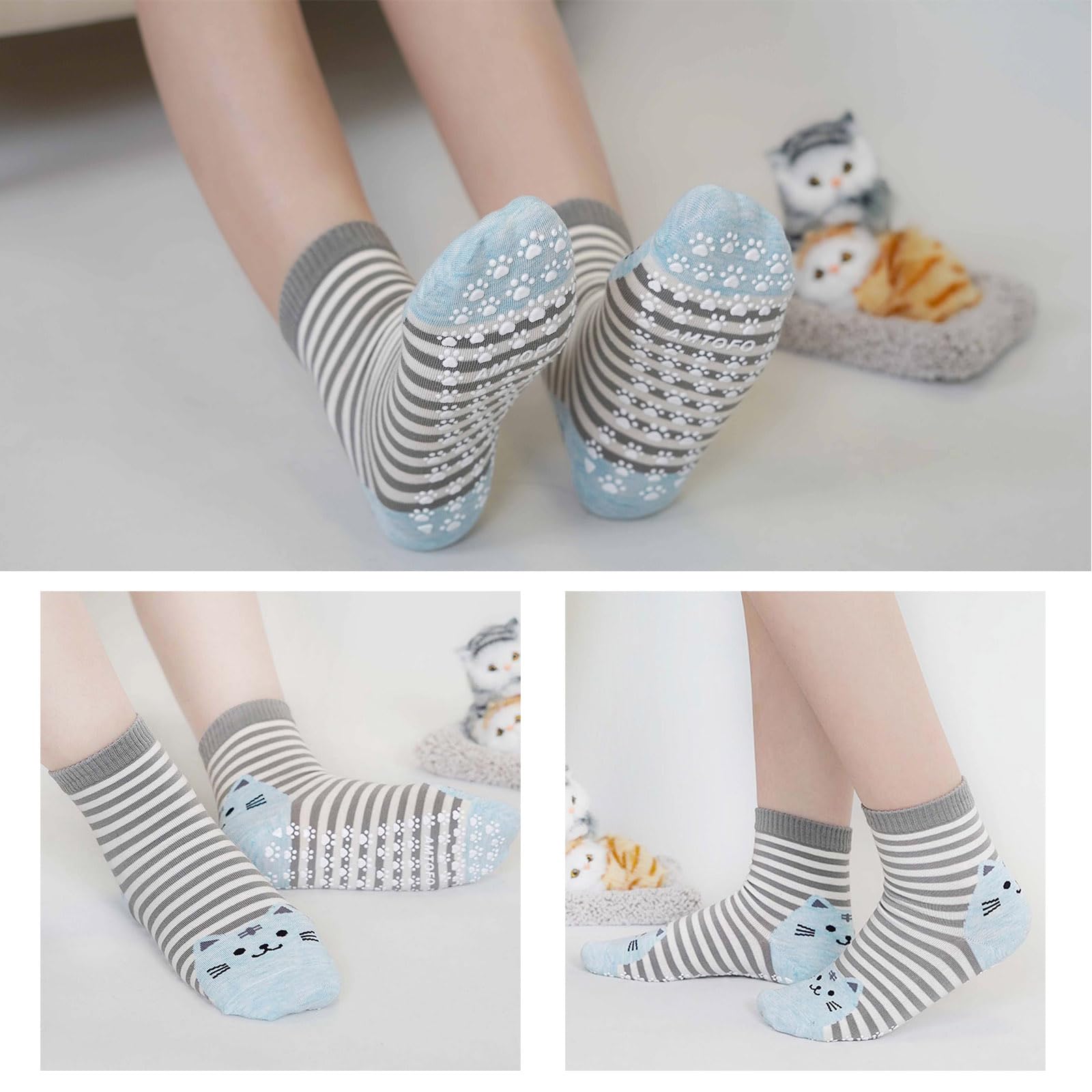 ZFSOCK Calzini Antiscivolo Donna Fantasia: Calze Non Scivolare con Grip Divertenti Colorate Gatto Animali Motivo per Fitness Sport Ospedale 5 Paia Taglia EU 35-42