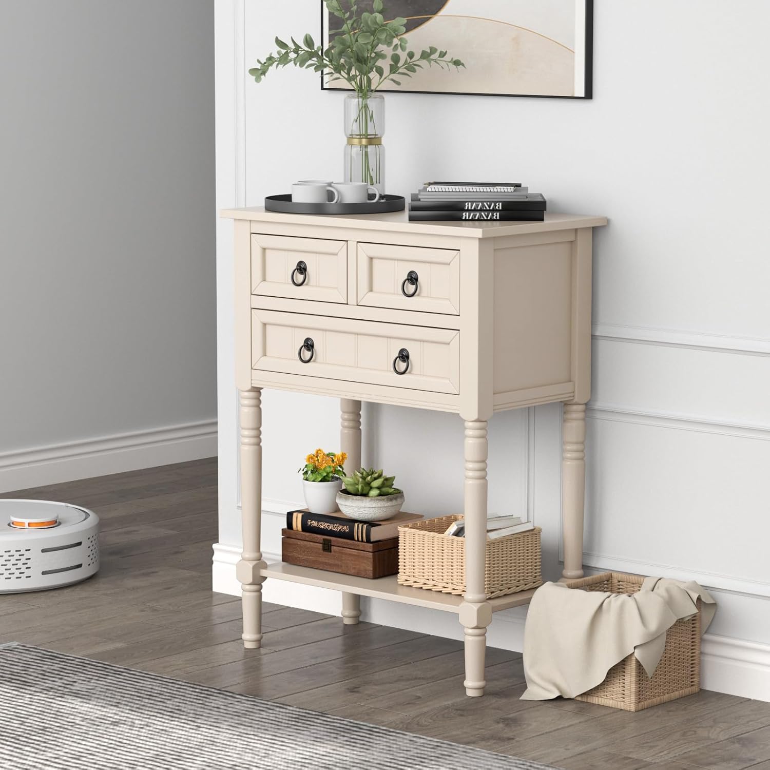 Giantex Entryway Table with Storage, Rustic Small Console Table w/ 3 Drawers & Open Bottom Shelf, Skinny Wood Console Table, Narrow Sofa Side Table for Living Room, Foyer, Hallway, Entry Table, Beige