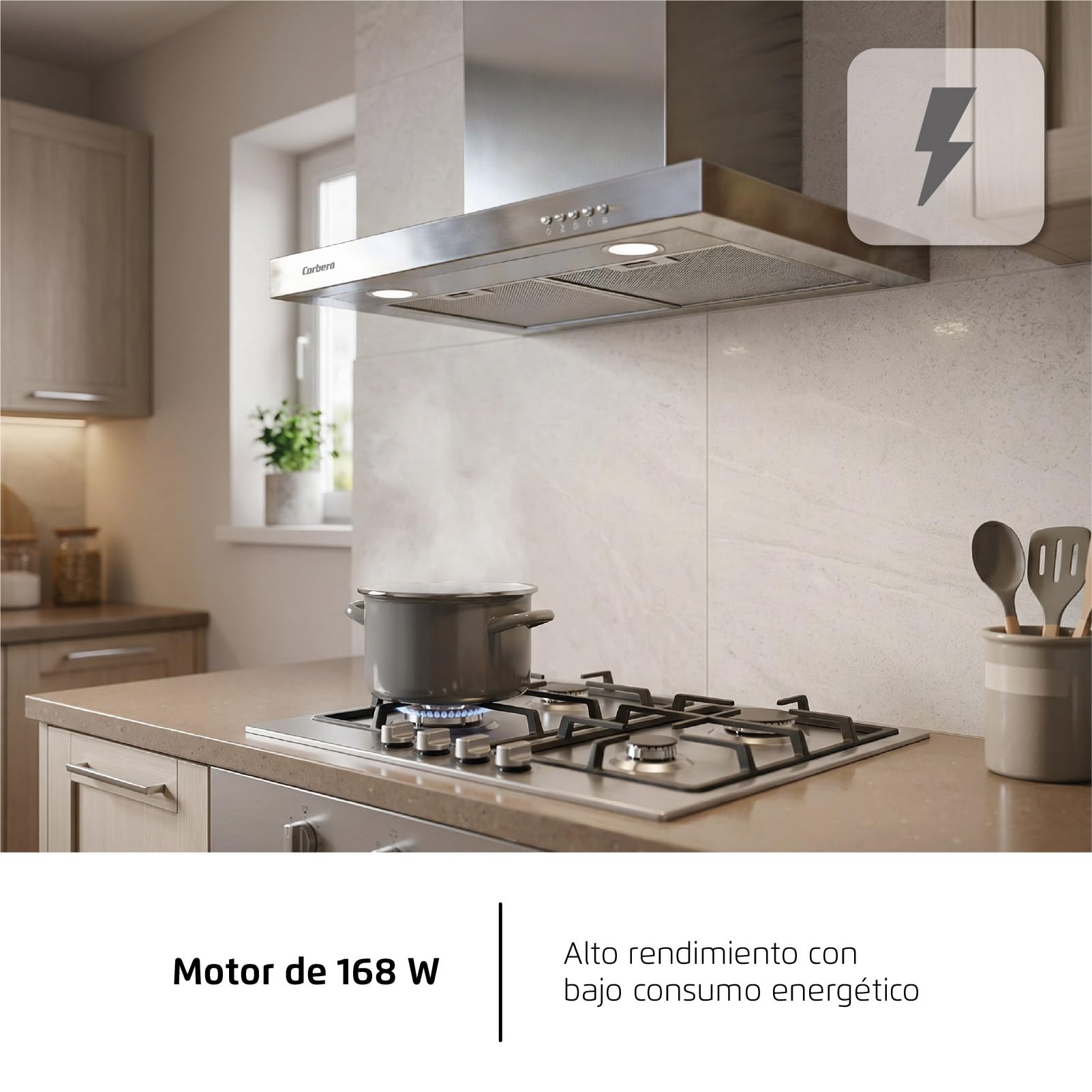 Corberó - Hotte décorative horizontale 70 cm | VOSTOK760X | Inox | Débit 647,7 m3/h | 165 W | 3 vitesses | 2 filtres en aluminium | Filtre charbon | Efficacité énergétique A, Inox