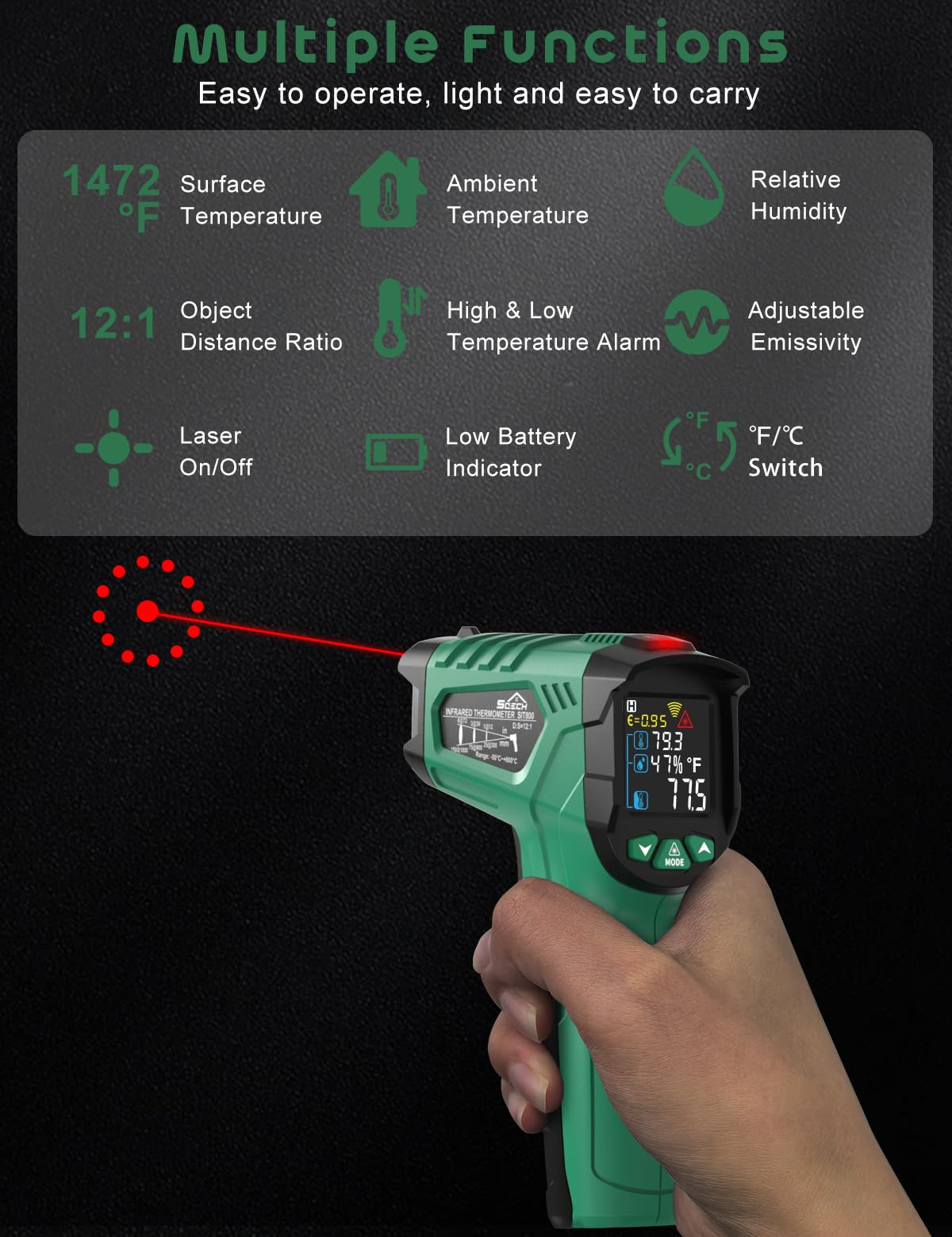 Infrared Thermometer Gun,SQECH Laser Thermometer Gun -58℉～1472℉(-50℃～800℃),Temperature Gun with Ambient Temperature&Humidity/Adjustable Emissivity/Color Backlight for Cooking, Oven,Engine,HVAC — Amazon image 2