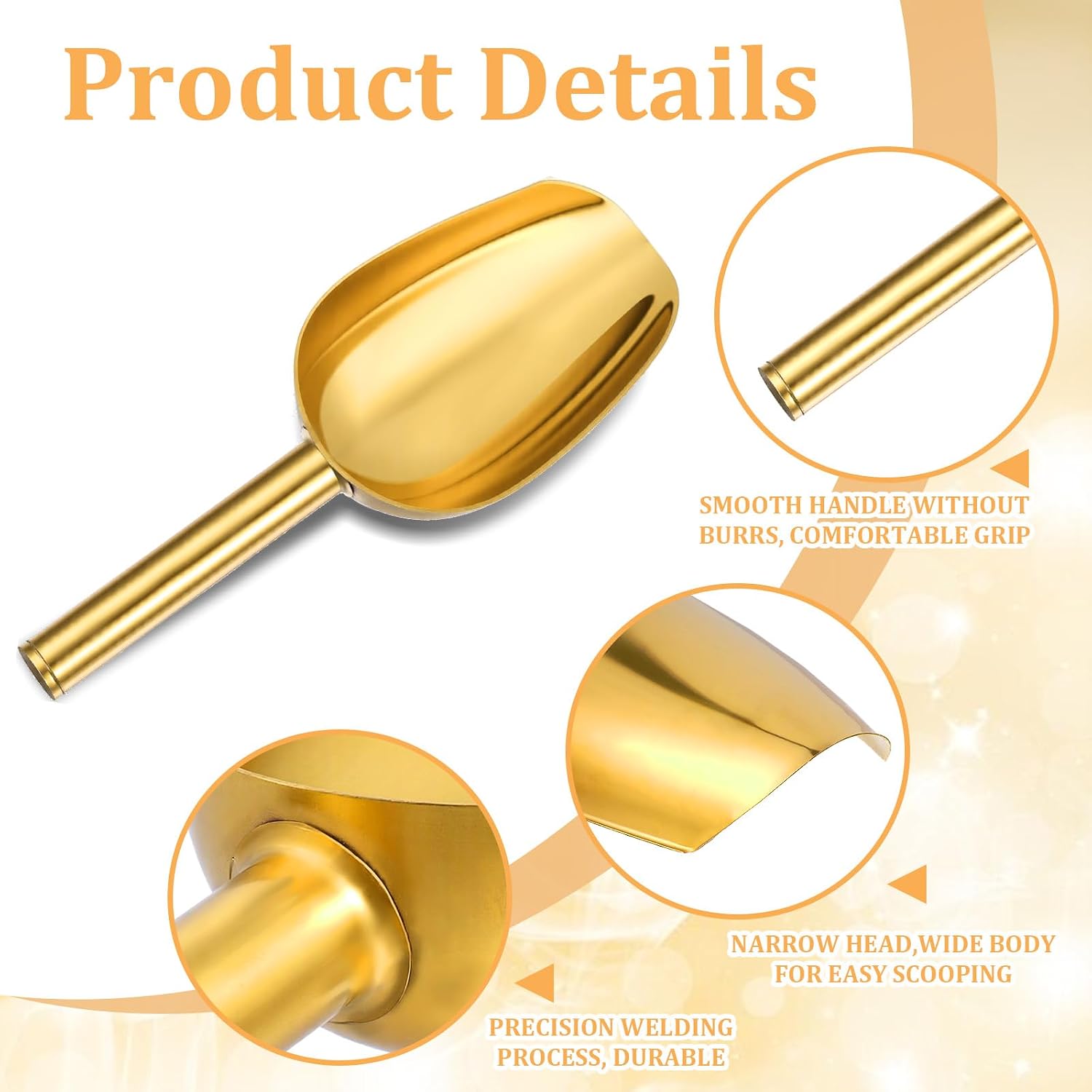 6pcs Gold Ice Scoopers for Ice Bucket, 5 Oz Candy Scoops for Candy Buffet Stainless Steel Mini Scoop Metal Food Scoops for Jars Canisters Scooping Dry Goods, Sugar, Coffee Bean, Flour, Spice