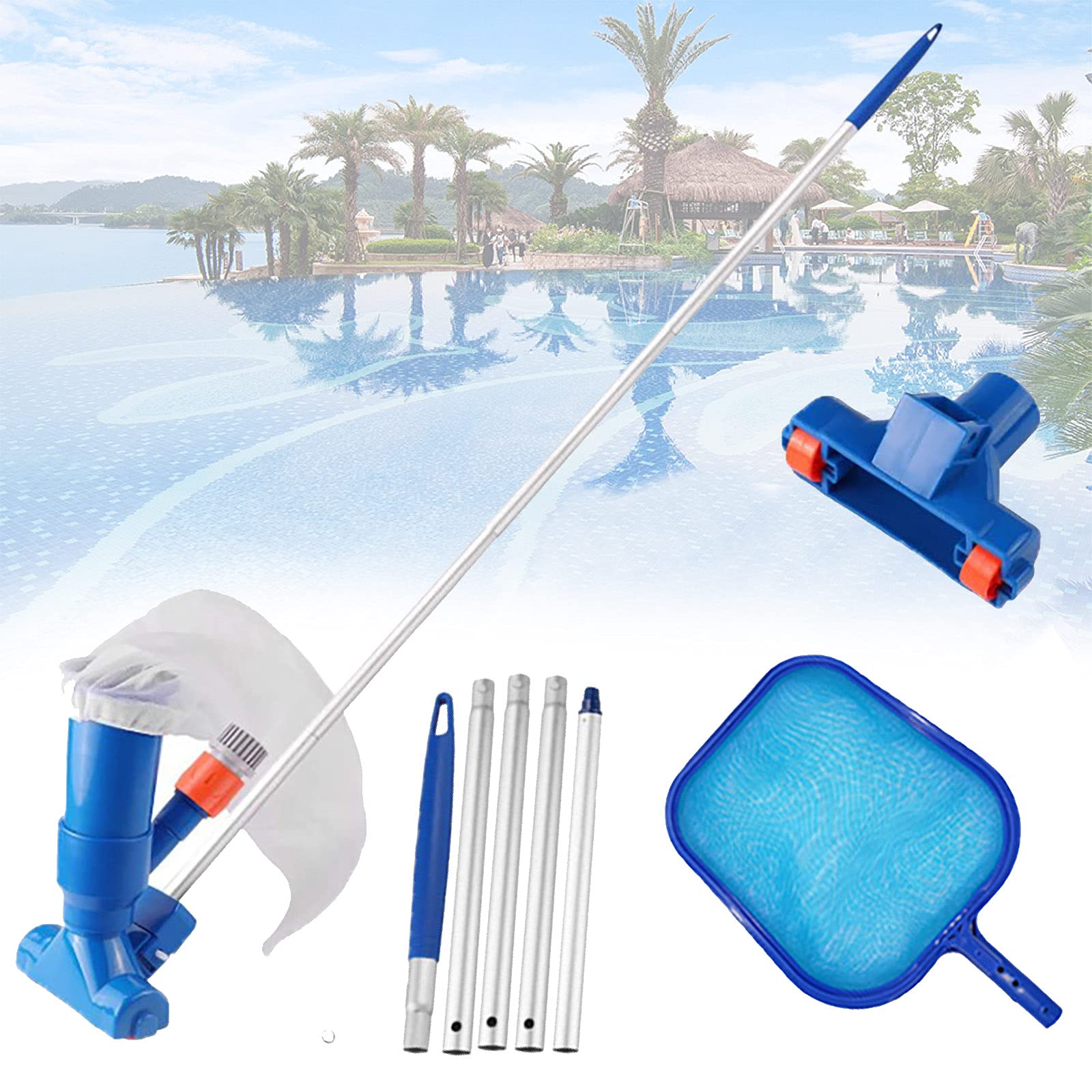 Kit de limpieza de piscina: skimmer, poste telescópico y cabezal de vacío para una limpieza sin esfuerzo de piscina, estanque y fuente, elimina hojas y desechos de manera eficiente