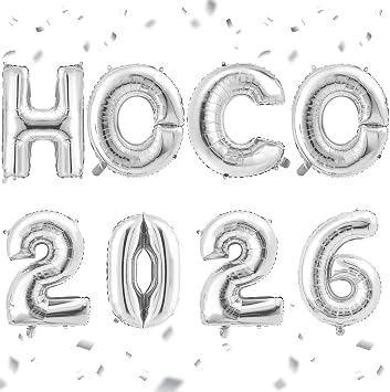 Realspring 8 Pcs Hoco 2026 Balloon Banner, 32 Inch Hoco Decorations,Silver | Letter Foil Balloon with Blow Tube & Ribbon, Homecoming 2026 Backdrop for Back to School First Day of School Party Supplies