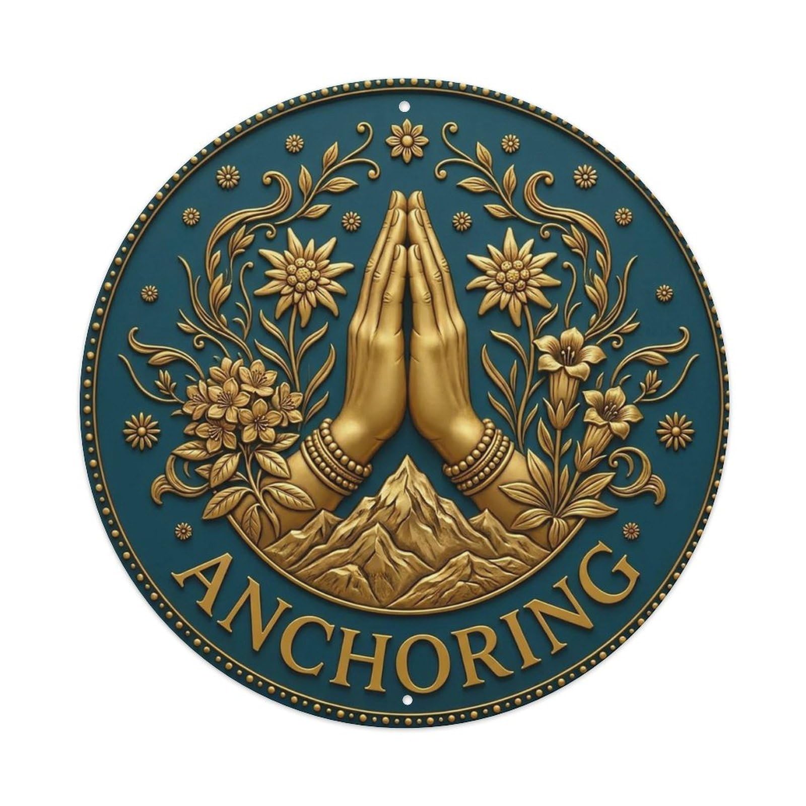 Vintage Namaste Praying Hands Anchoring Flower Zen Yoga Metal Tin Sign