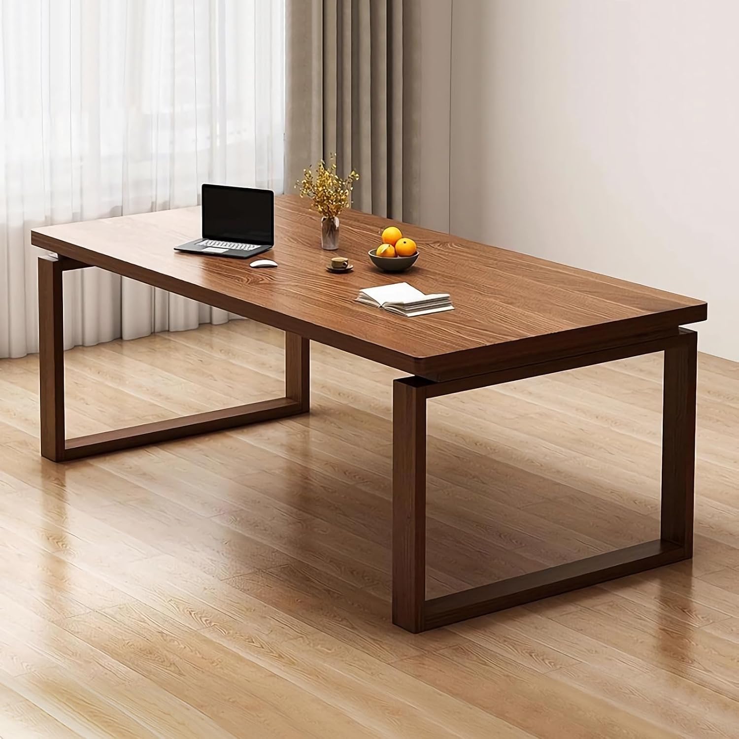 Wooden Extra Long Desk - 55" Double Long Writing Study Table with Solid Wood Legs, 2-Person Computer Workstation for Home and Office Work, Dark Walnut 55" Dark Walnut