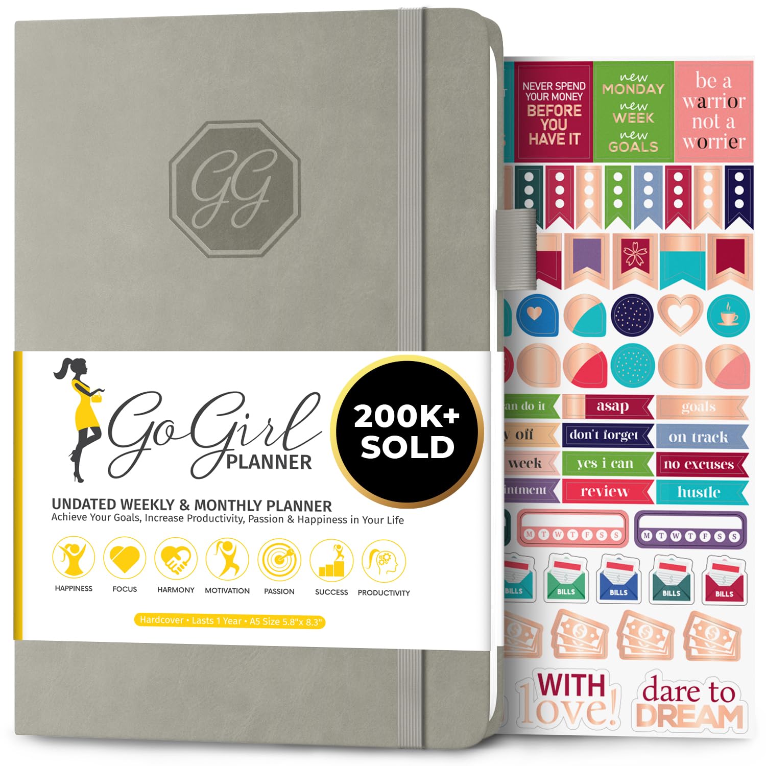 GoGirl Planner and Organizer for Women – A5 Weekly Agenda, Goals Journal to Improve Time Management & Productivity (Grey)