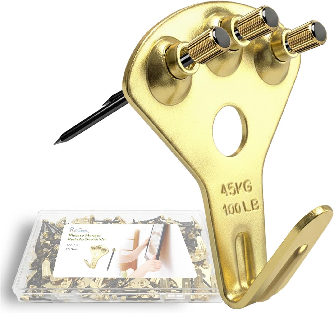 Picture Hangers, Extra Thick, 30 lb, for Decorative Drywall & Plaster Walls - Small Nails for Painting, Frame Hooks to Hang for Hanging, 100 pcs, Gold