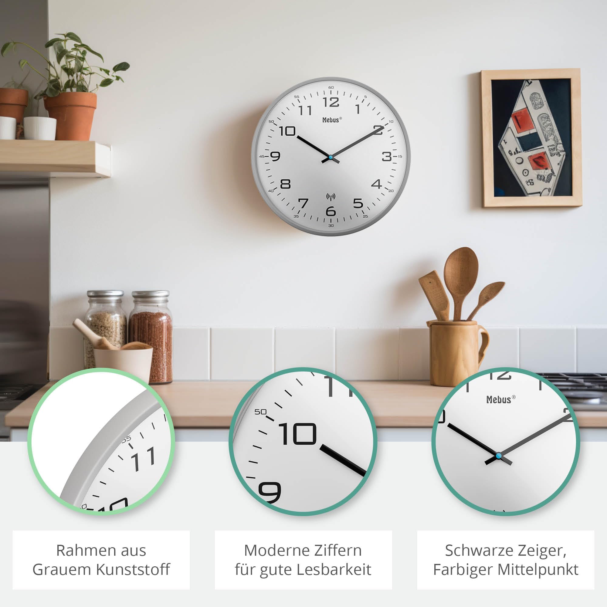 Mebus Radiowy zegar ścienny, 30 cm, bezgłośny, szara rama, biały cyferblat, model 13081 - nowoczesny i cichy, szary