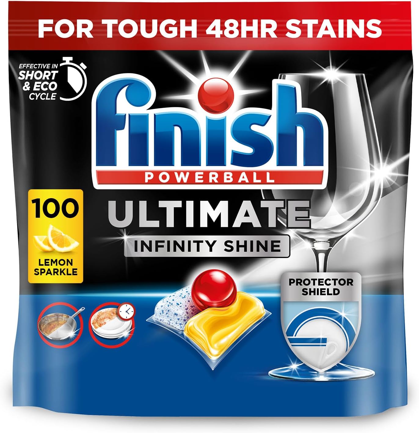 Dishwasher Tablet, Ultimate Infinity Shine, 100 Tablets, Lemon Sparkle, Clean & Shine Detergent Tabs, Tough on Grease Stains, Effective for Short Eco Cycle