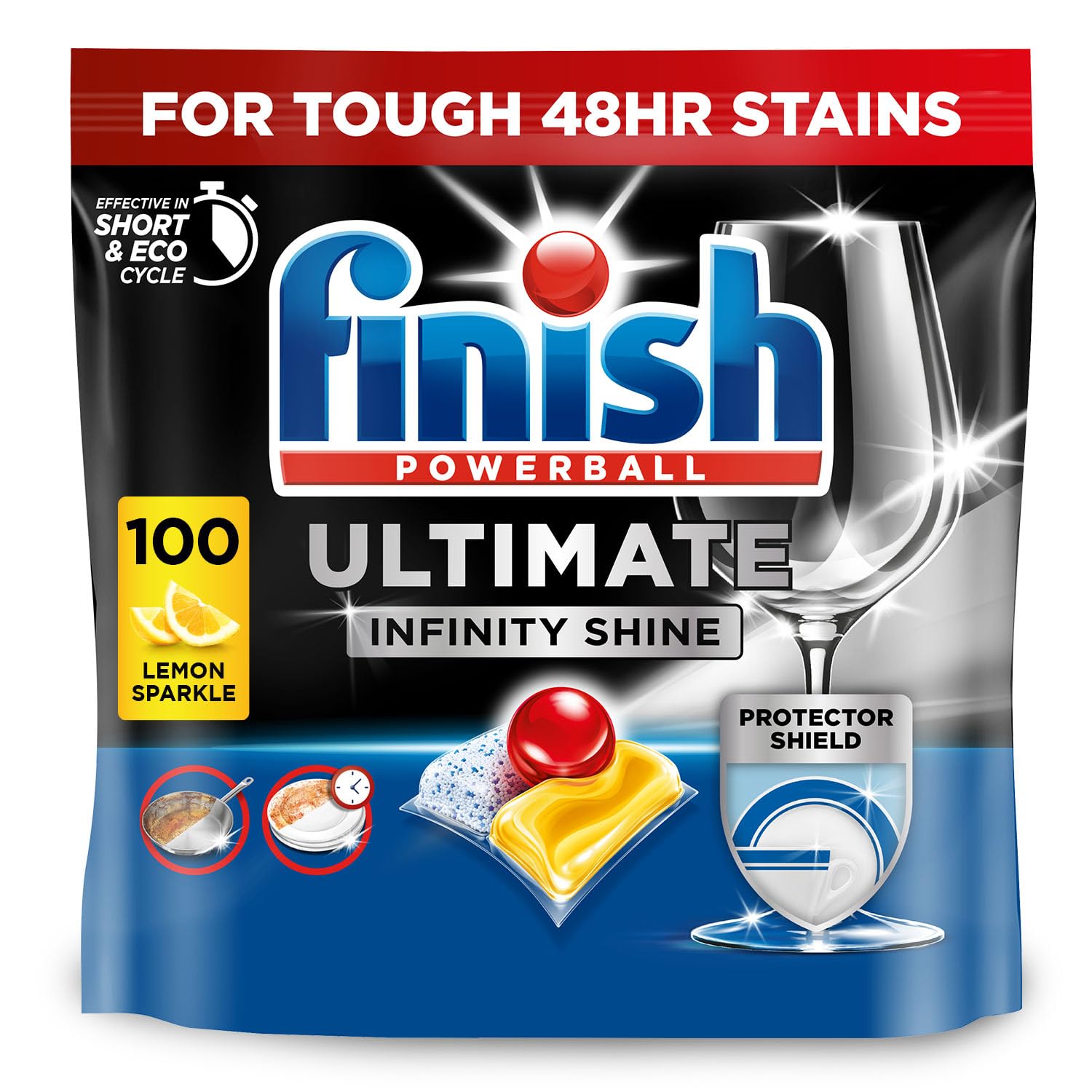 Dishwasher Tablet, Ultimate Infinity Shine, 100 Tablets, Lemon Sparkle, Clean & Shine Detergent Tabs, Tough on Grease Stains, Effective for Short Eco Cycle