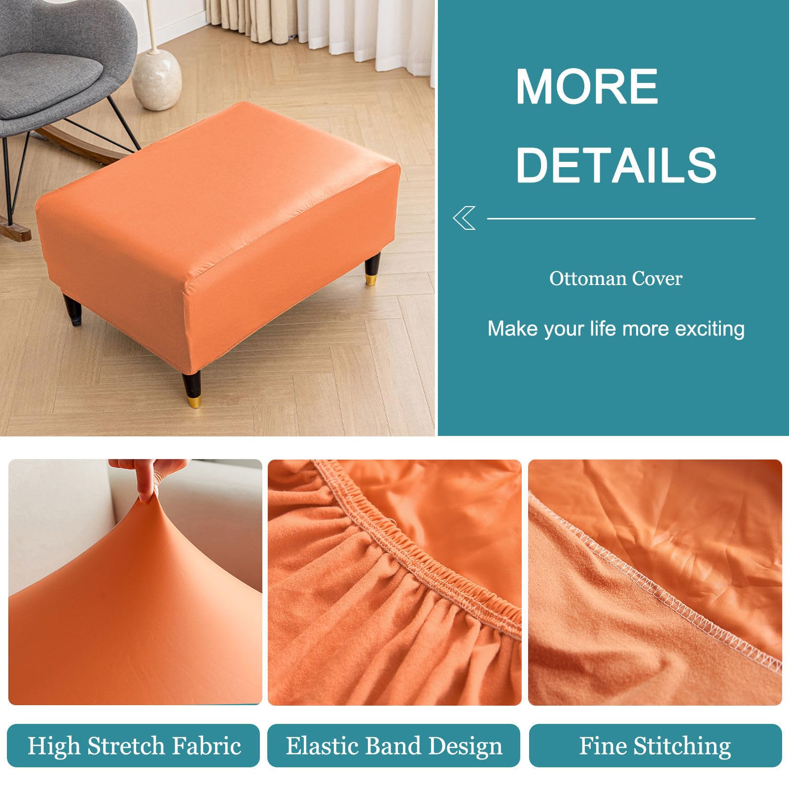 Funda otomana impermeable de piel sintética elástica suave para reposapiés, funda extraíble y plegable con parte inferior elástica para otomanas de 90 a 100 cm