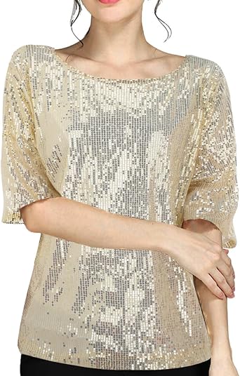 Sequin Tops for Women Plus Size Elegant Half Sleeve Sparkly Tee Glitter Evening Cocktail Blouse Club Party Shirts