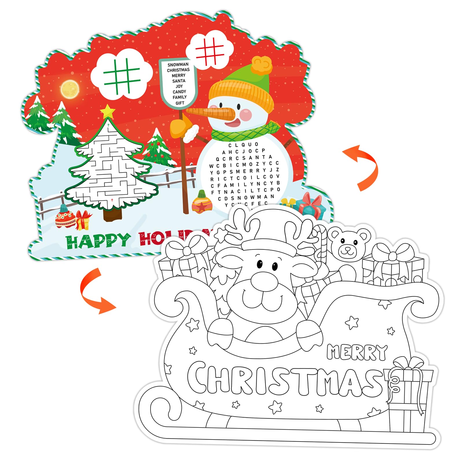 FLYAB Manteles individuales de Navidad para niños, 10 x 13 pulgadas, 12 manteles individuales de papel desechables de doble cara para niños, manteles de Navidad para decoración de fiestas de