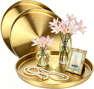 3 Pcs 12 Inch Round Golden Serving Tray, Stainless Steel, Circle Gold Plate, Coffee Table Decor, Vanity Tray, Circle Decorative Plate for Wedding Gift
